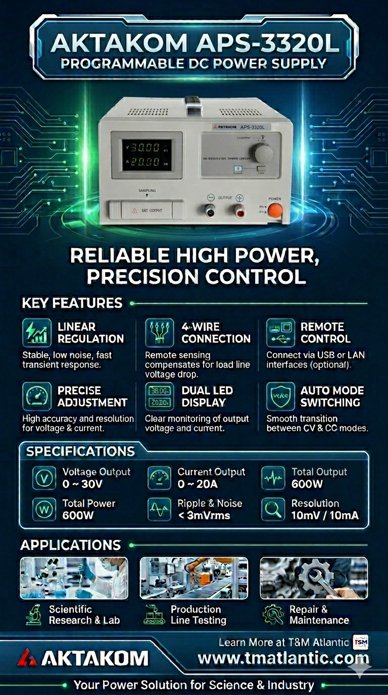 APS-3320L DC Power Supply 30V/20A, Free Software Control via PC and Voice Guide