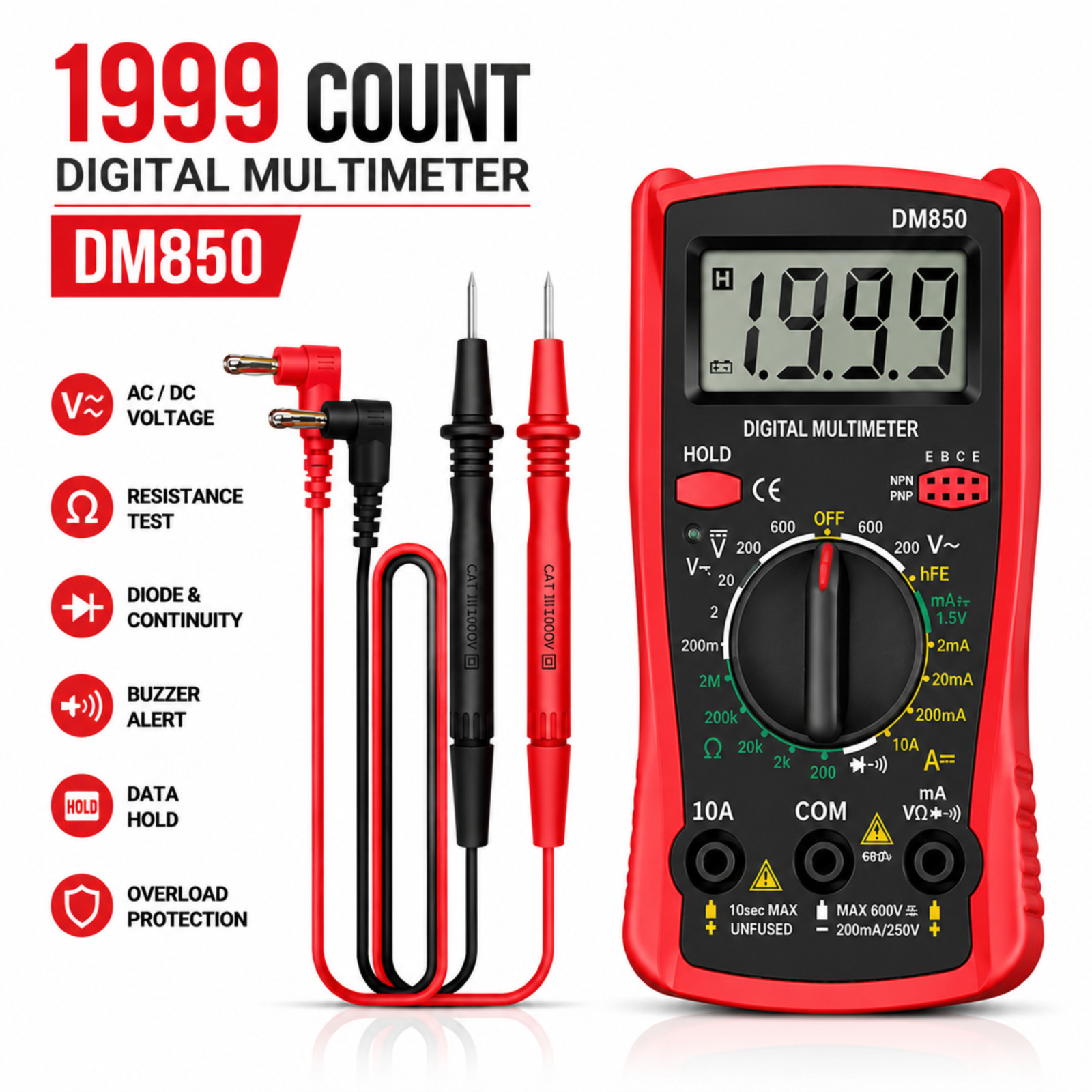 DM850 Professional Digital Multimeter 1999 Auto AC/DC Votage Tester Ohm Current
