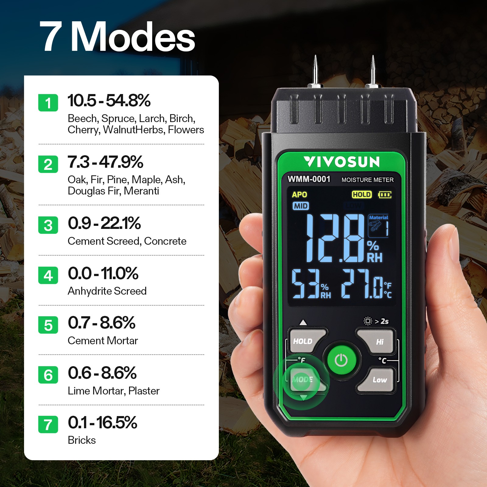 VIVOSUN Wood Moisture Meter LCD Digital Moisture Tester 7 Modes Locks Readings