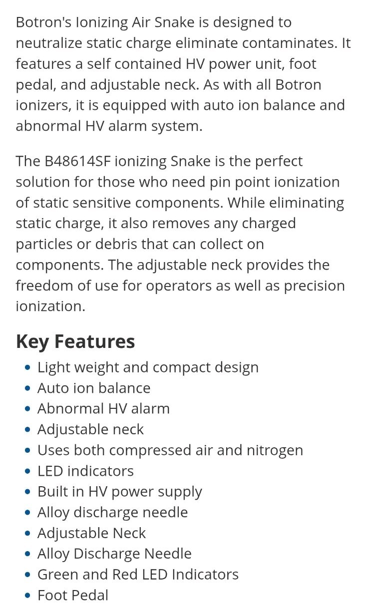Botron B48614SF Air Snake Ionizer W/Foot Pedal《Low Use》Great Price ▪ U.S. Seller