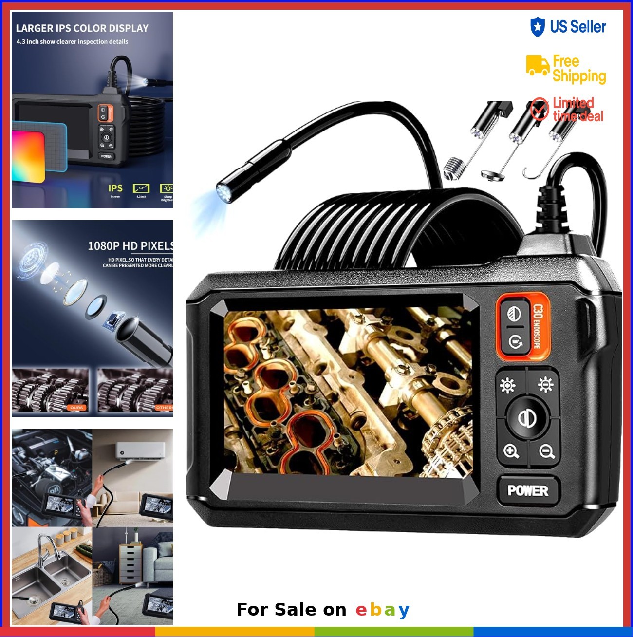 Endoscope Camera 4.3 Inch LCD 1080P HD Borescope IP67 Waterproof Snake