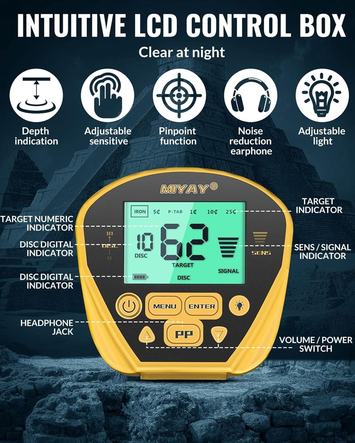 MIYAY Metal Detector for Adults Waterproof LCD Display Pinpoint 10in Coil
