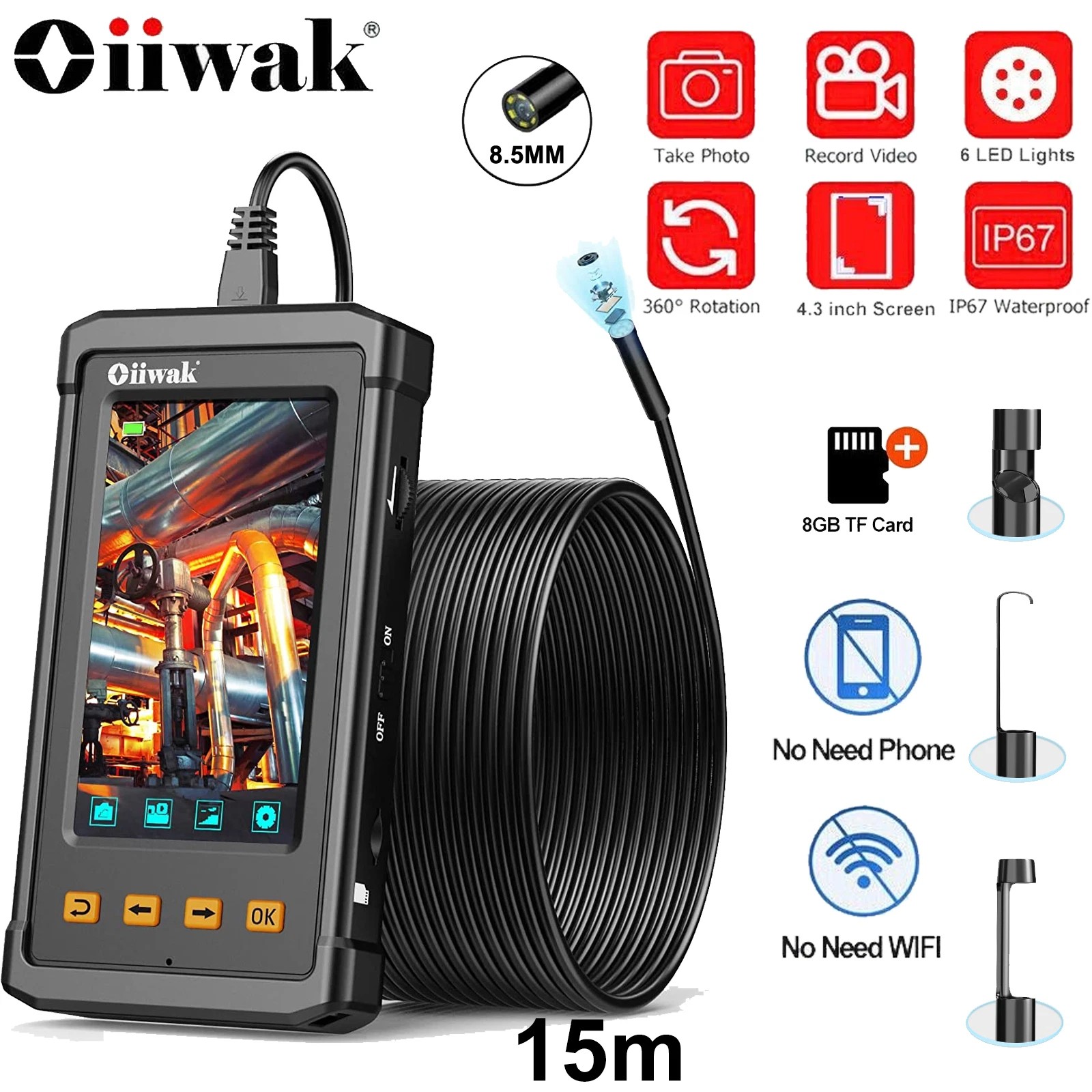 1080P HD Industrial Endoscope Borescope LCD 4.3″ 8.5mm Inspection Snake Camera