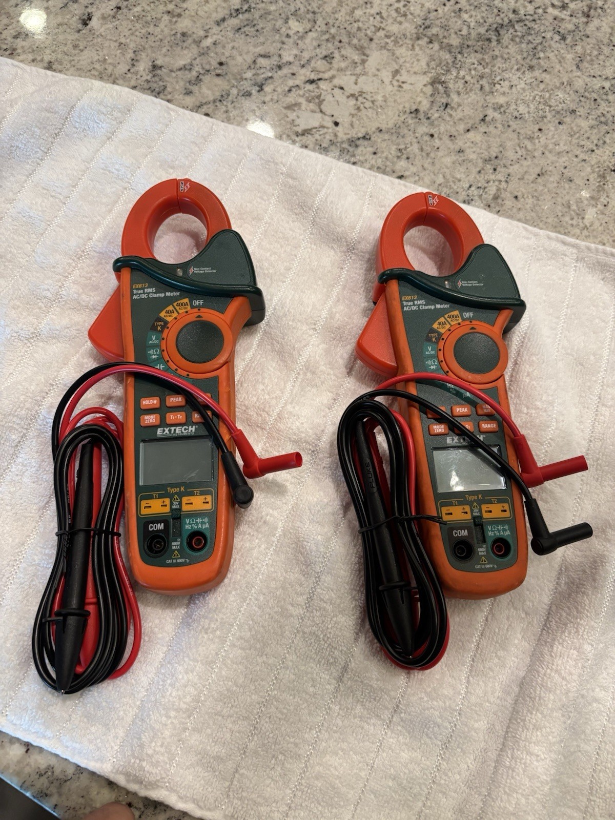 (2) Extech EX623: 400A Dual Input AC/DC Clamp Meters + New Leads