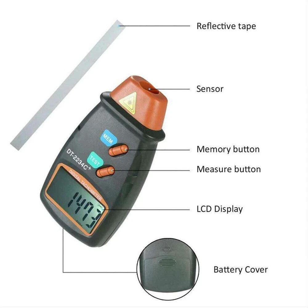 LCD Digital Tachometer Laser Photo Non Contact RPM Tach Meter Motor Speed Gauge