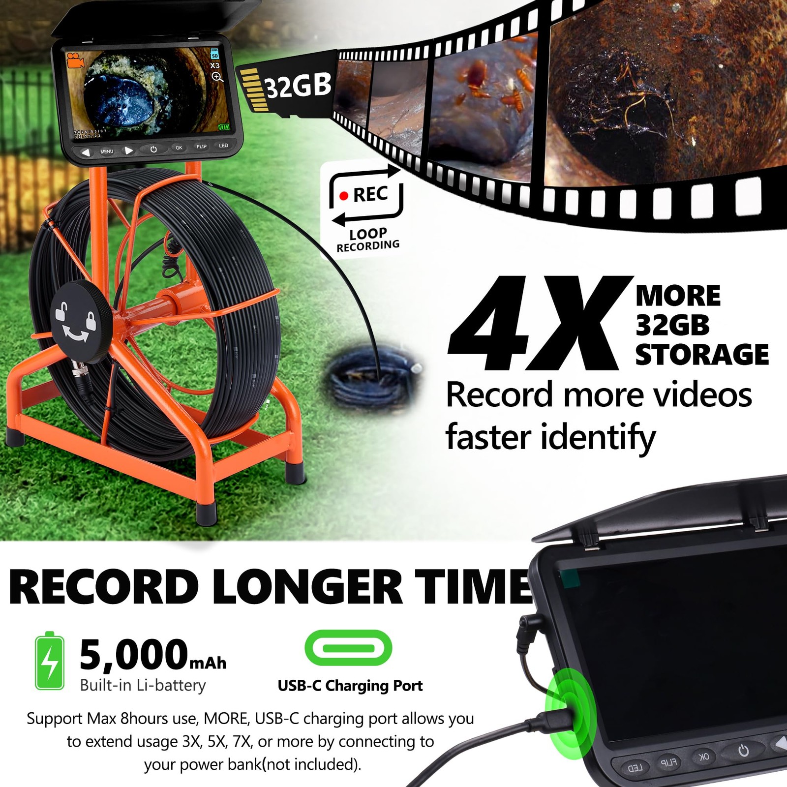 𝟐𝟎𝟐𝟔 𝐧𝐞𝐰 7” Sewer Camera, HD 1080P w/DVR-32GB, [New 1s Twist-to-Unlock