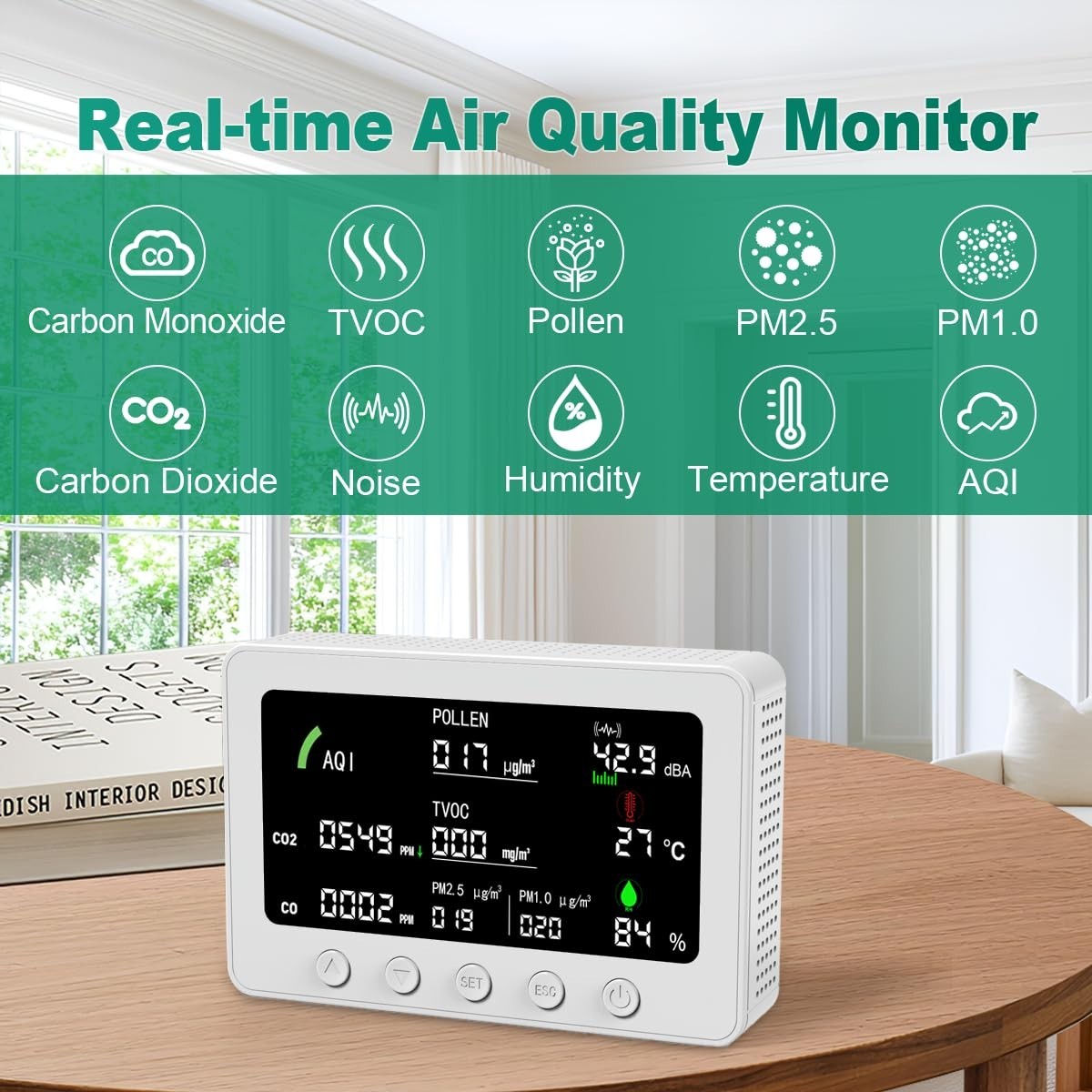 10 in 1 Indoor Air Quality Monitor 7″ Display App CO2 PM2.5 for Home & Office