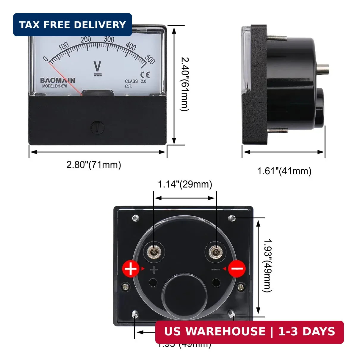 Baomain Voltmeter DH-670 DC 0-500V Rectangular Class 2.5 Analog Panel Volt Volta
