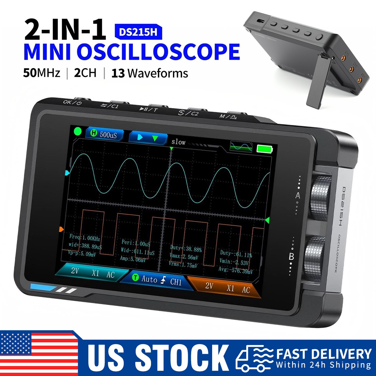 2-in-1 FNIRSI DS215H 3.5″ Handheld Oscilloscope 50MHz 2-Channel + 2x P6100 Probe
