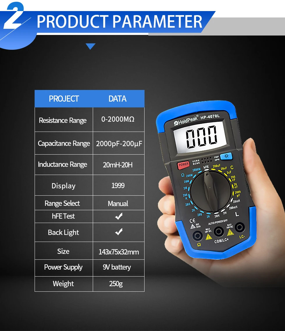 Digital Multimeter 2000pF~200uF Capacitance Inductance hFE Tester Ohm Meter Tool