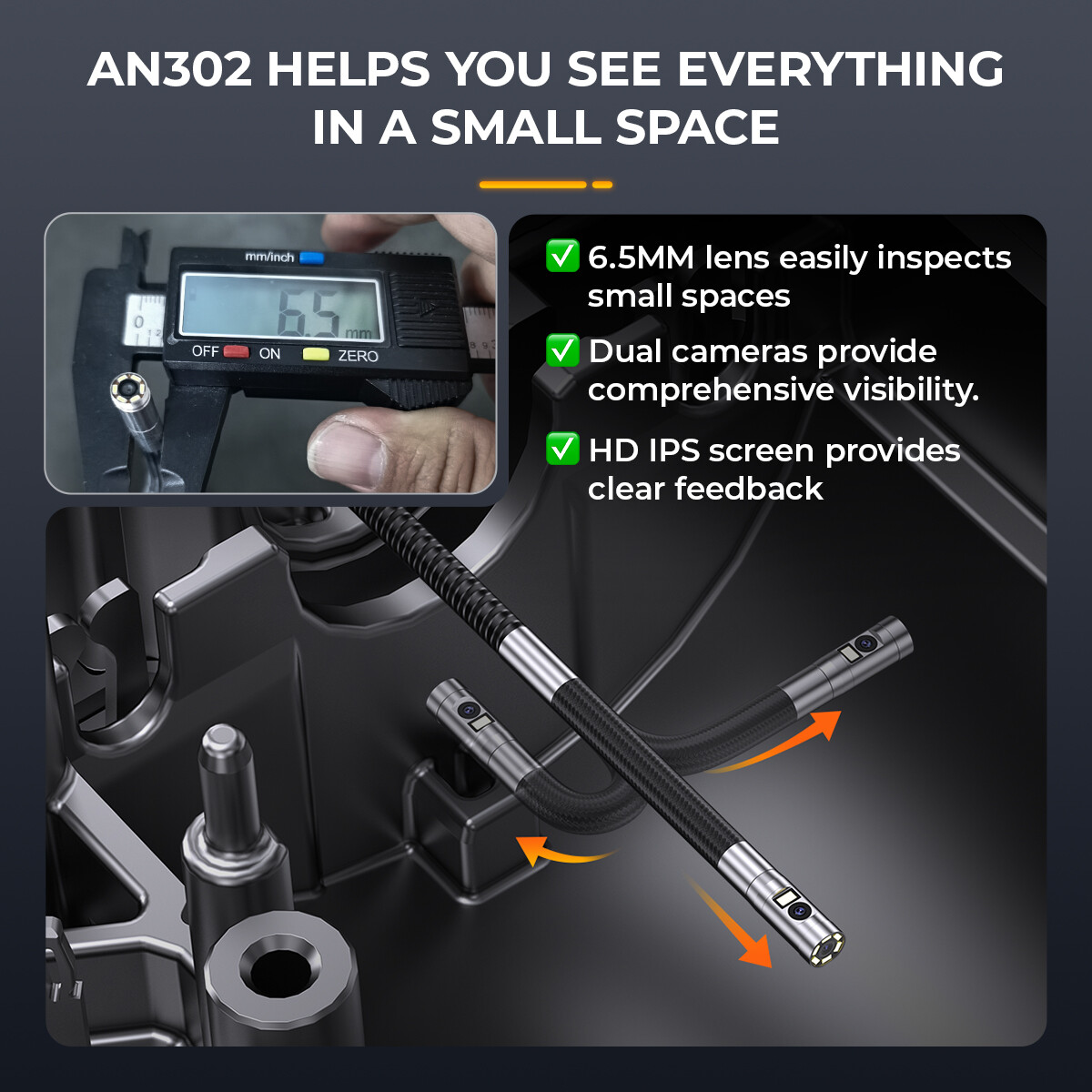 6.5mm 4.3Inch Articulating Borescope Endoscope Inspection Camera With 7LED Light