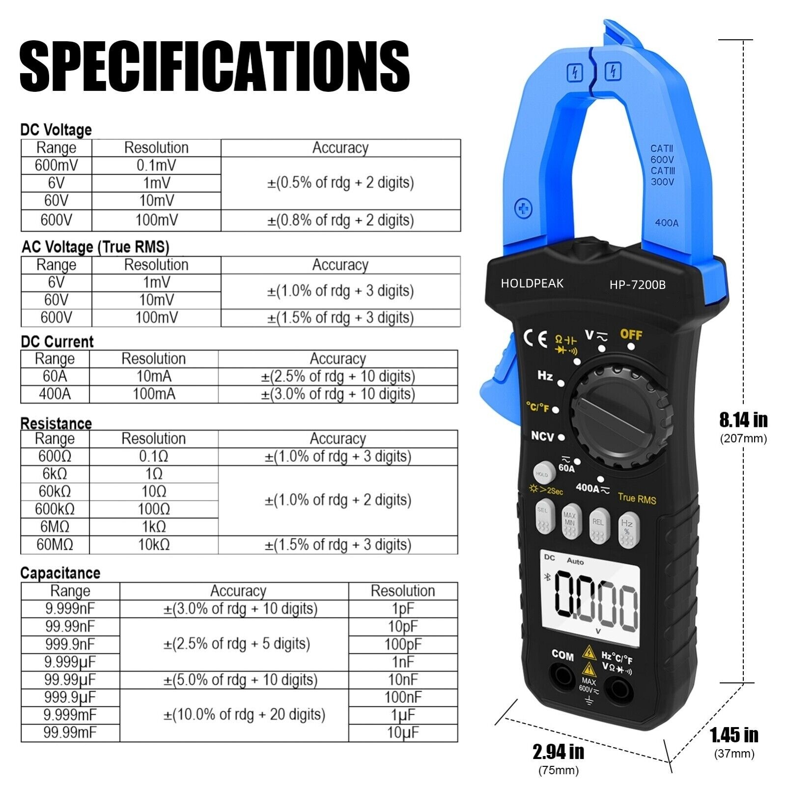Clamp Meter TRMS 6000 Counts NCV Digital Clamp Multimeter DC AC Current Volt Amp