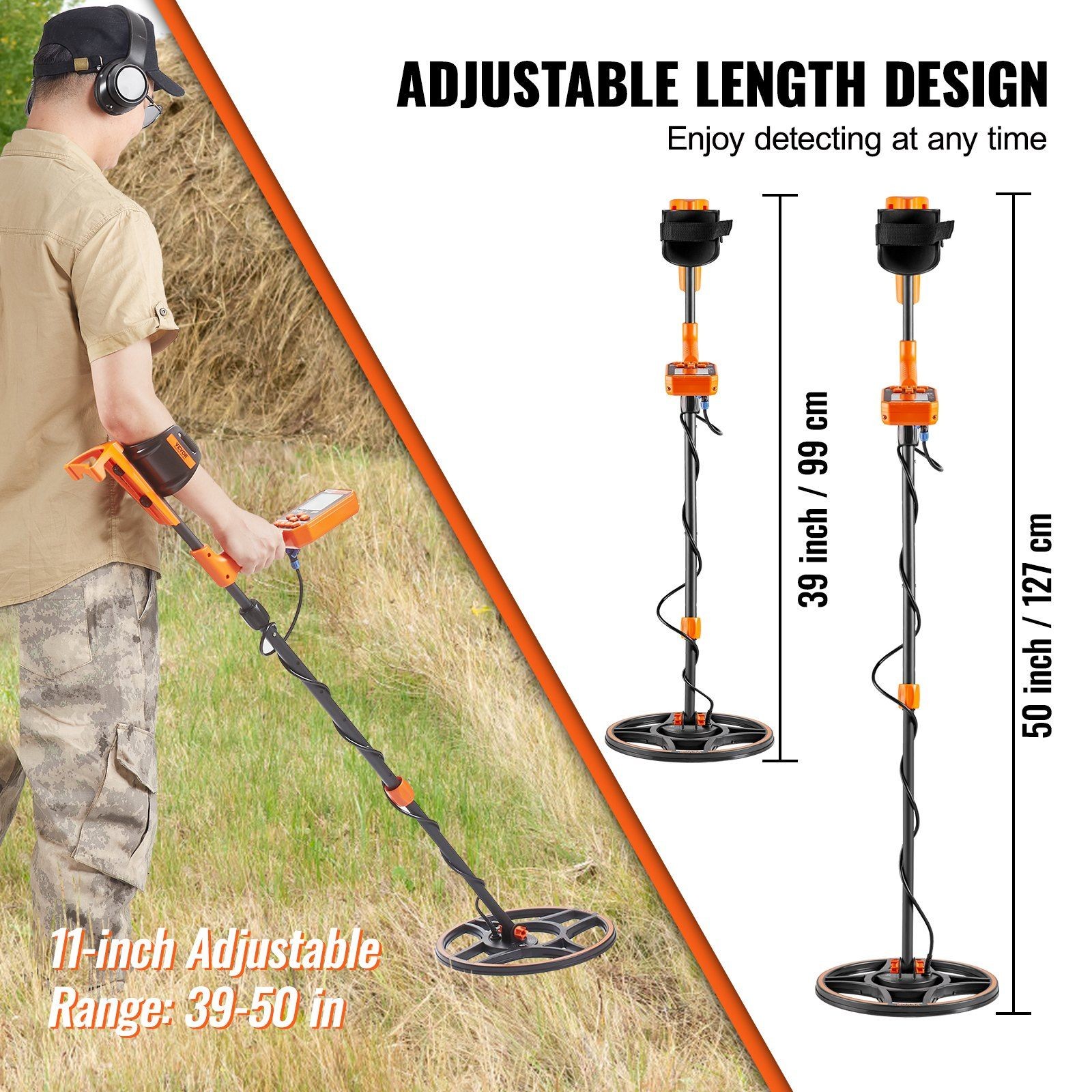 12in Waterproof Gold Detector, 39-50in Adjustable Handle, 7 Modes, LCD Backlit