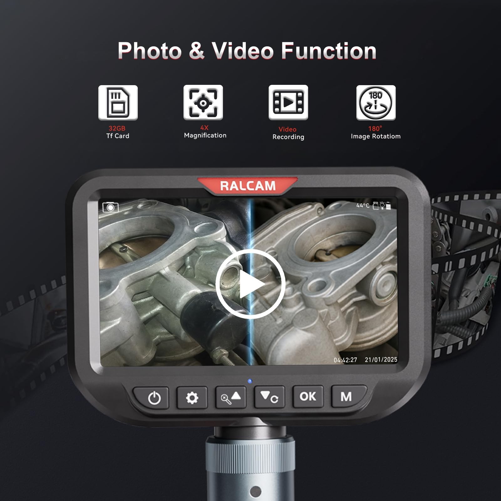 RALCAM Dual Lens Articulating Borescope, 10FT Semi-Rigid Inspection Camera wi…