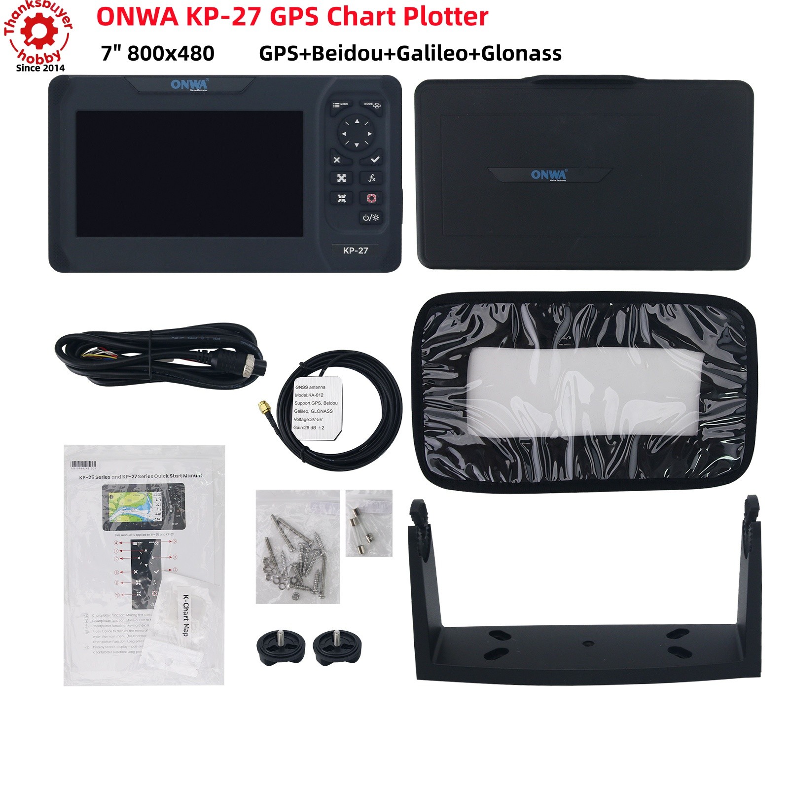ONWA KP-27 GPS Chart Plotter Marine Chartplotter 7-in 800×480 w/ GPS Antenna
