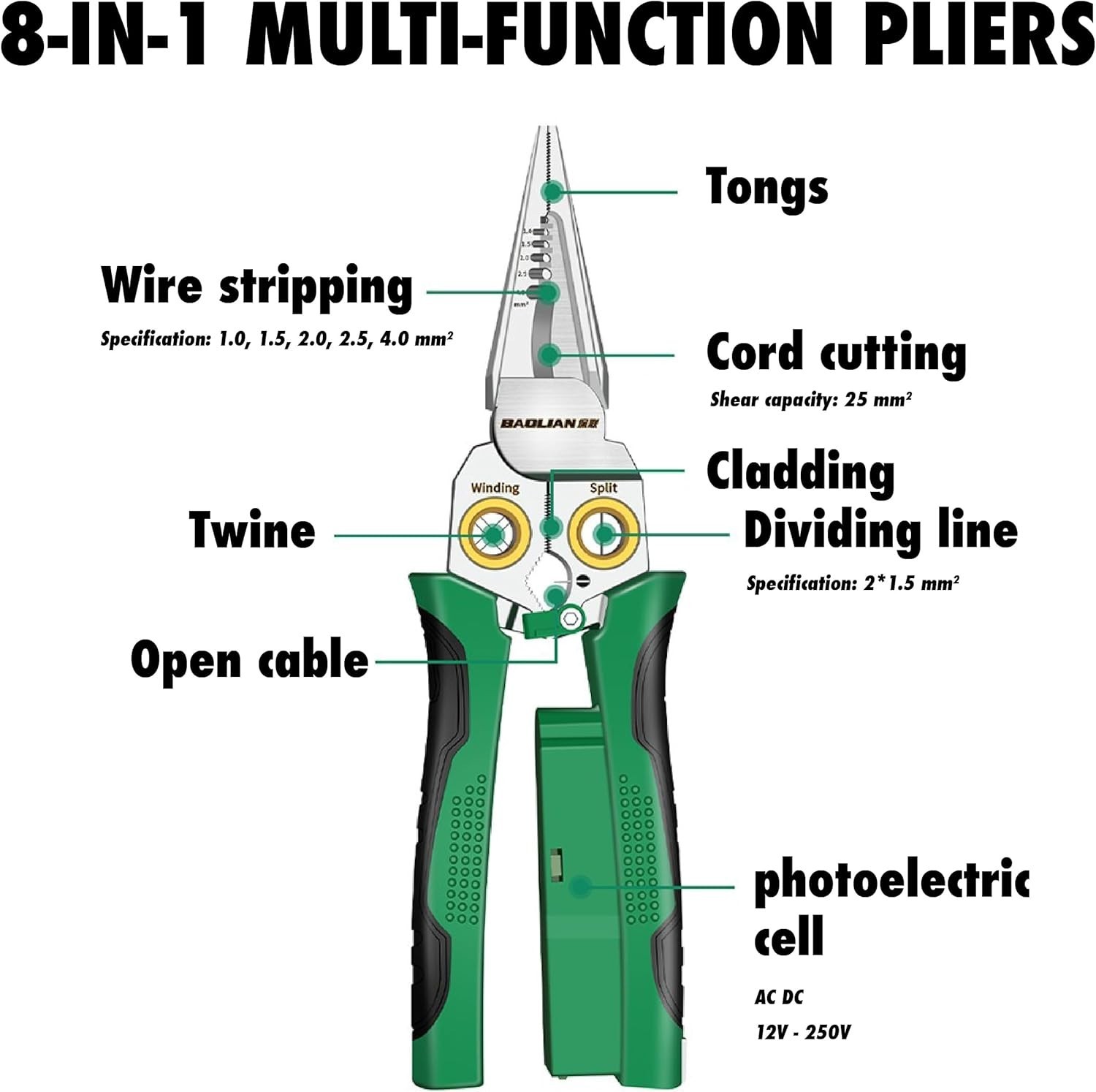8-in-1 Wire Stripper for Electrician: Needle Nose Pliers with Voltage Green