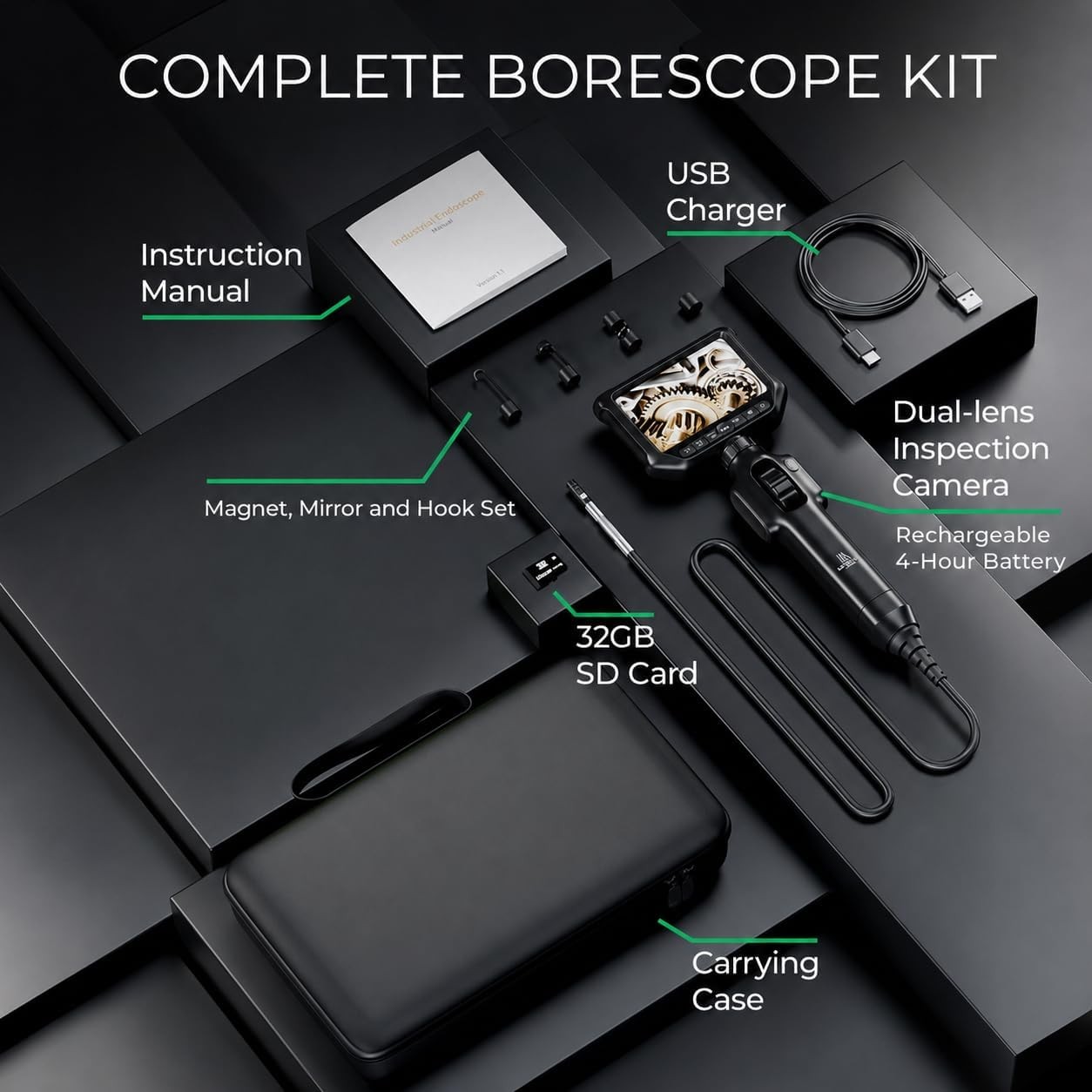 Articulating Dual Lens Borescope Inspection Camera Light