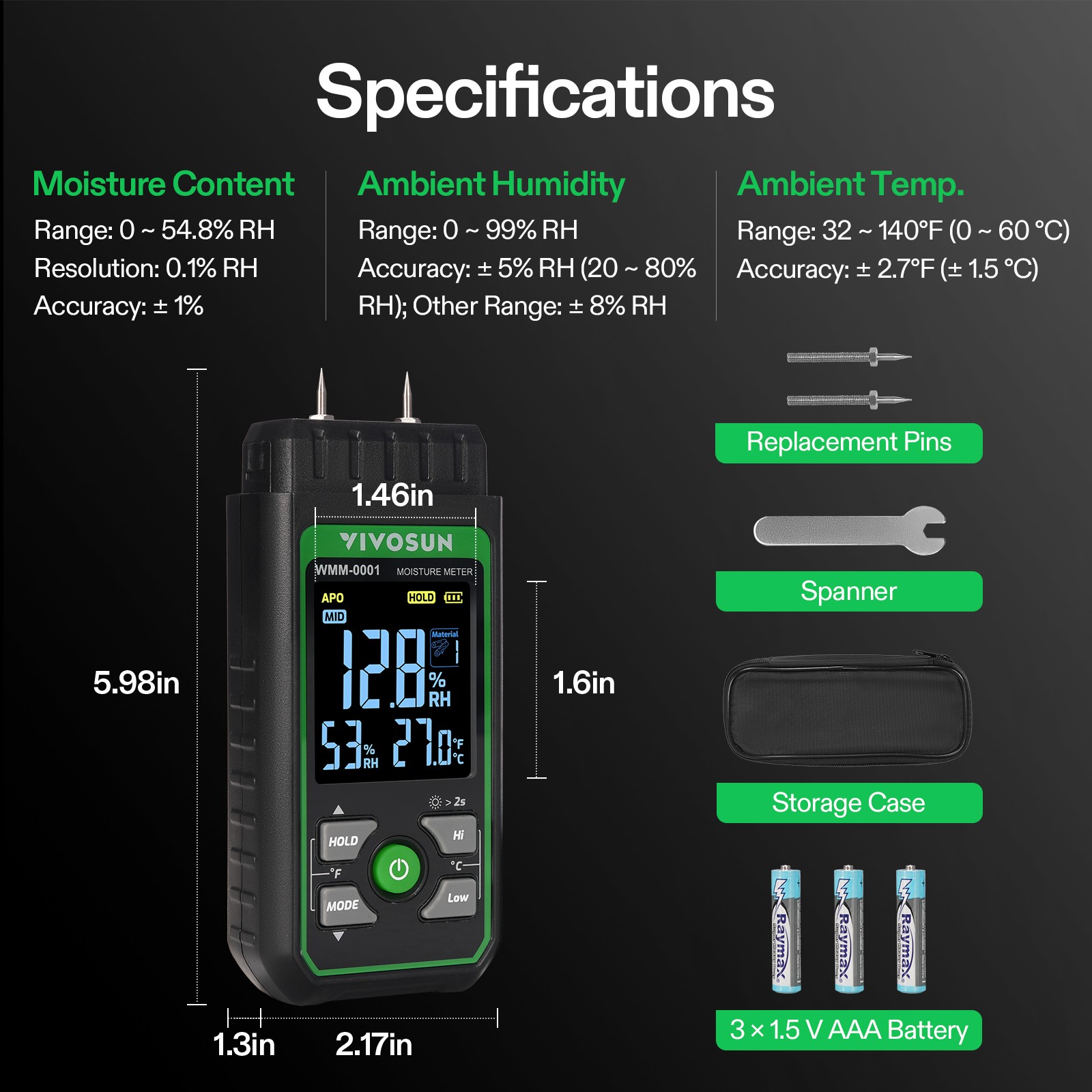 VIVOSUN Wood Moisture Meter LCD Digital Moisture Tester 7 Modes Locks Readings