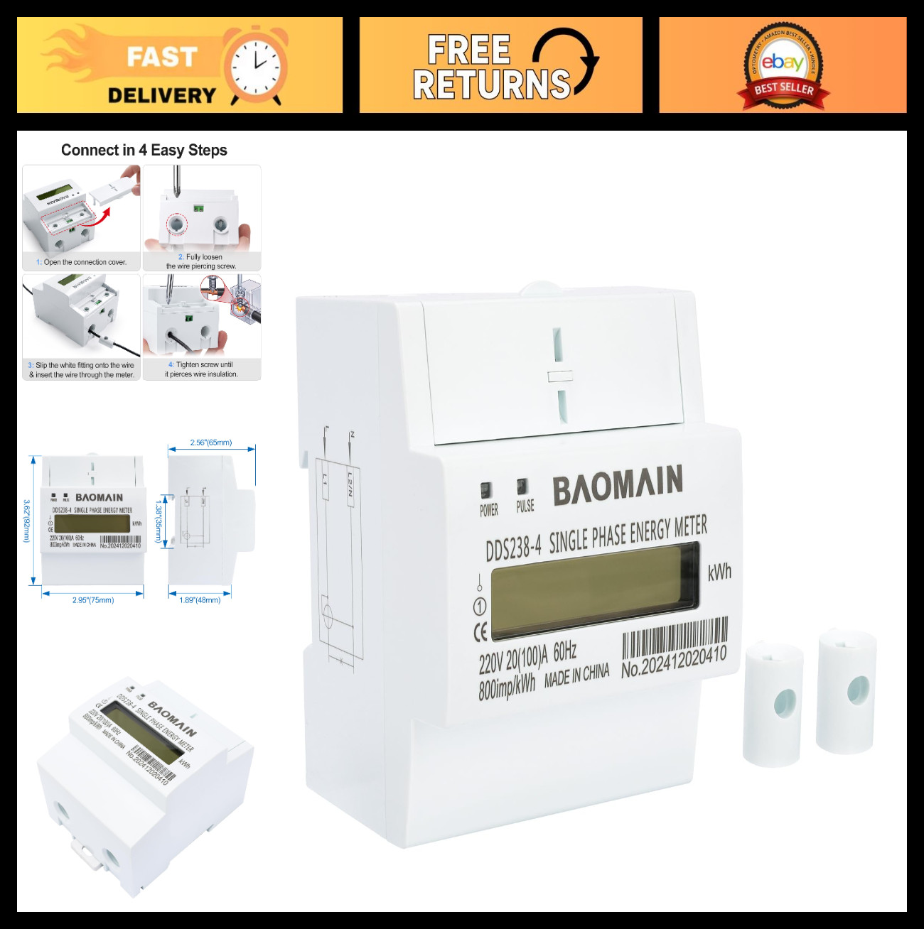 Single Phase DIN Rail 220V kWh Meter, AC Electricity Monitor, 20A/100A, LCD Disp