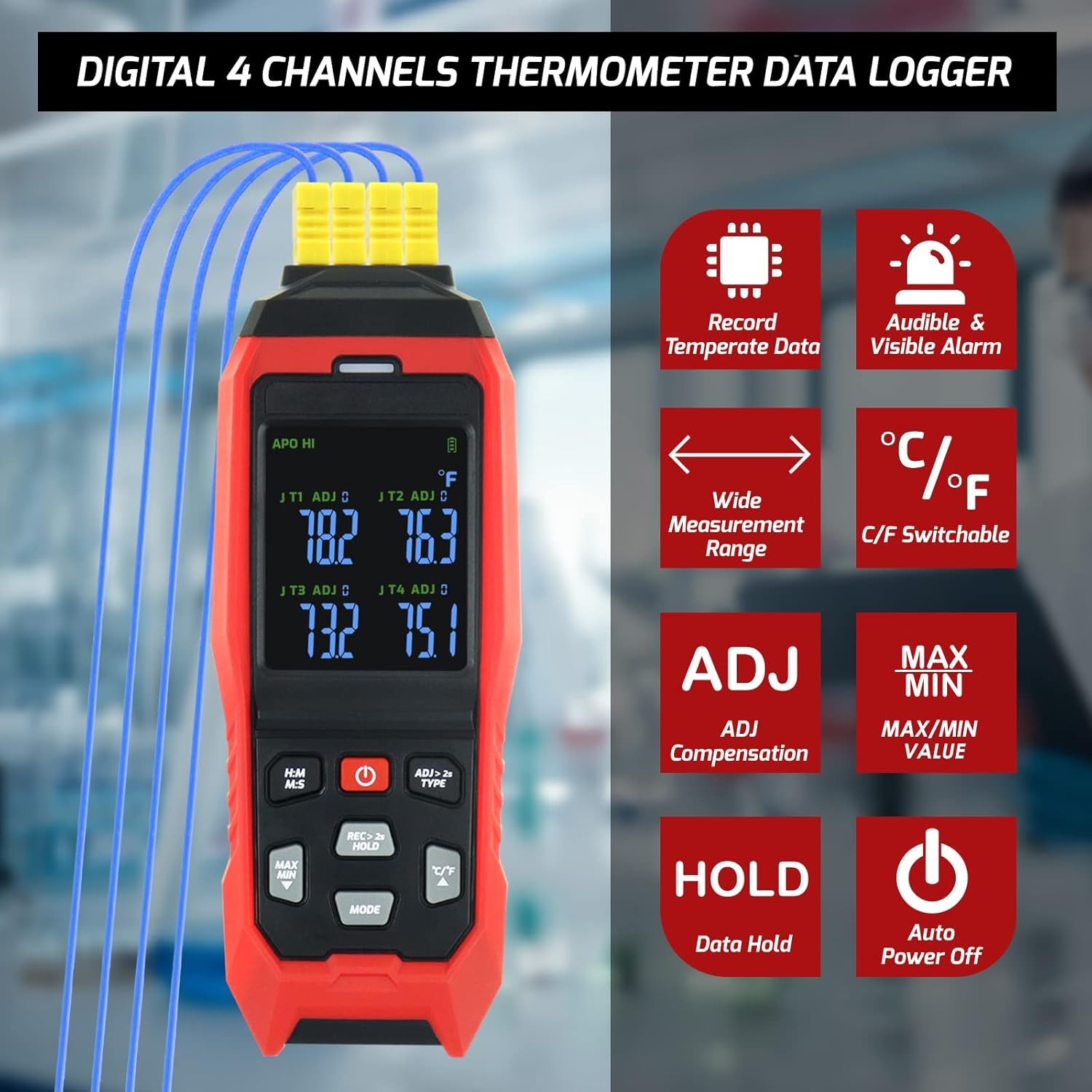 4-Channel K-Type Thermocouple Thermometer Data Logger, -328~2501°F