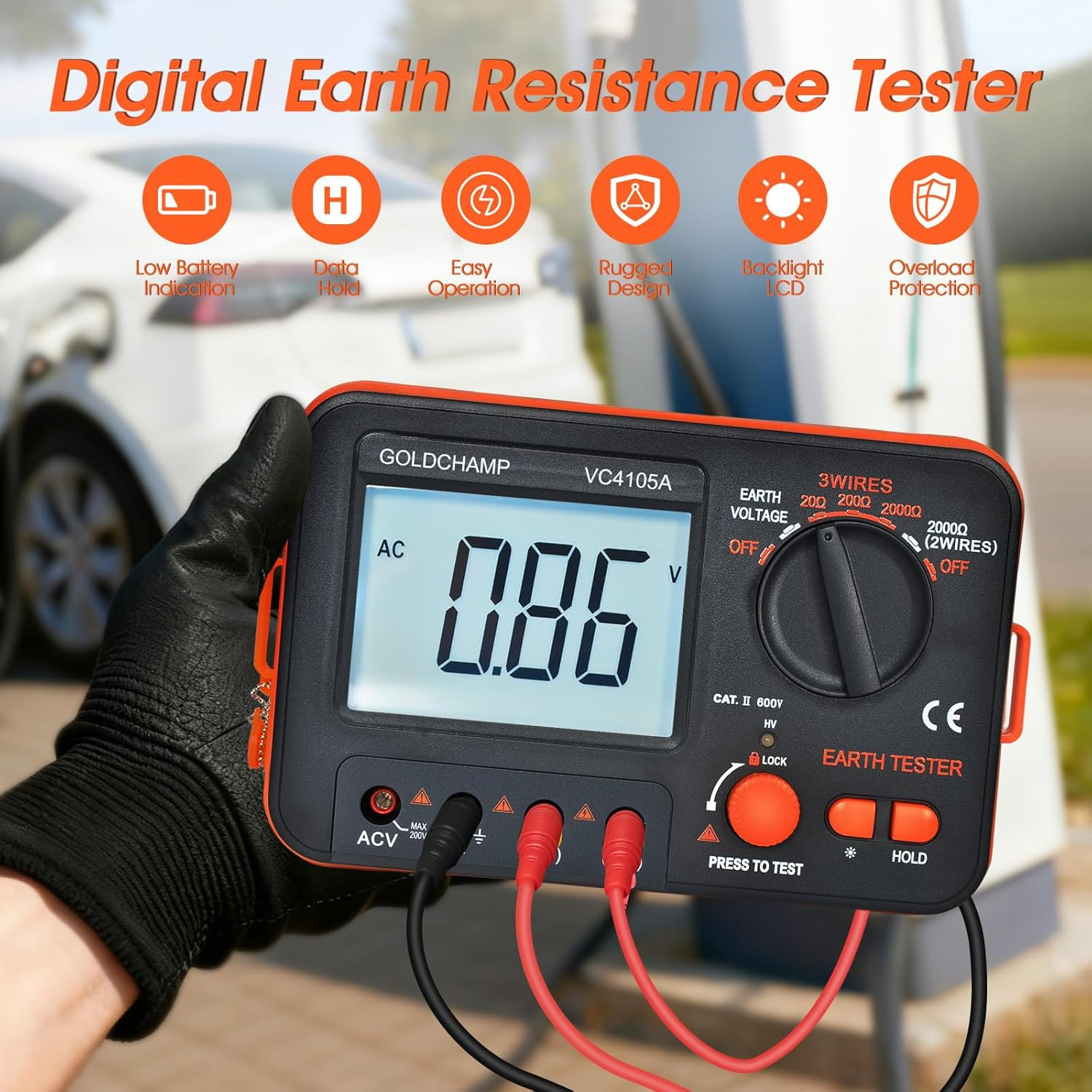 Professional Ground Earth Resistance Tester, 20/200/2000Ω Digital Meter with AC