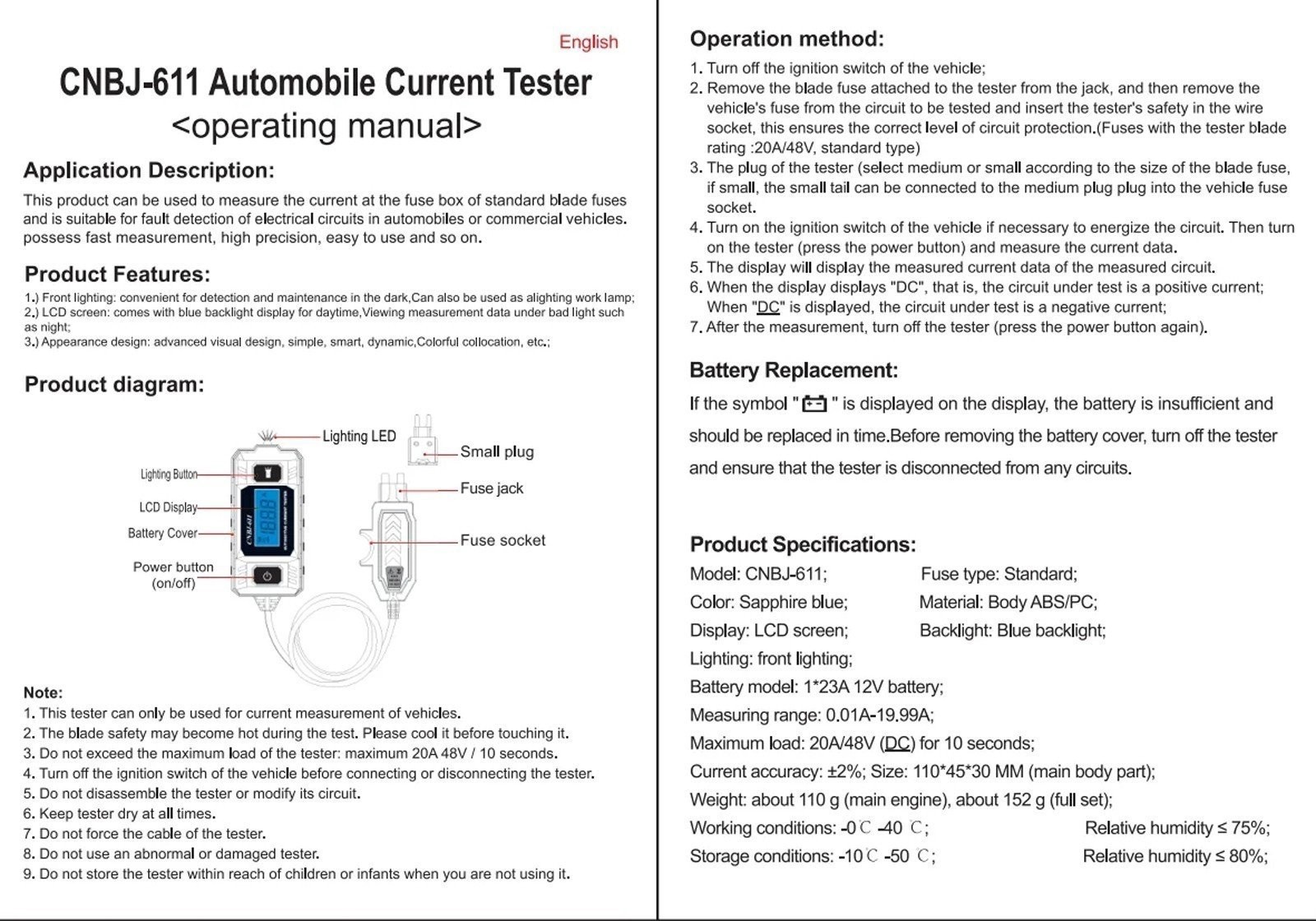 Car Circuit Tester Fuse Tester Automotive Current Tester Blade Fuse 20A Max 48V