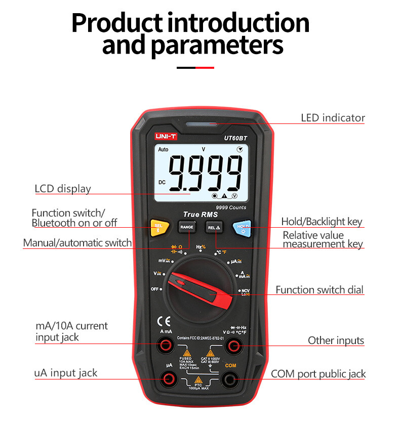 UNI-T Bluetooth True RMS Multimeter Auto Range AC/DC NCV Freq Temp Tester UT60BT