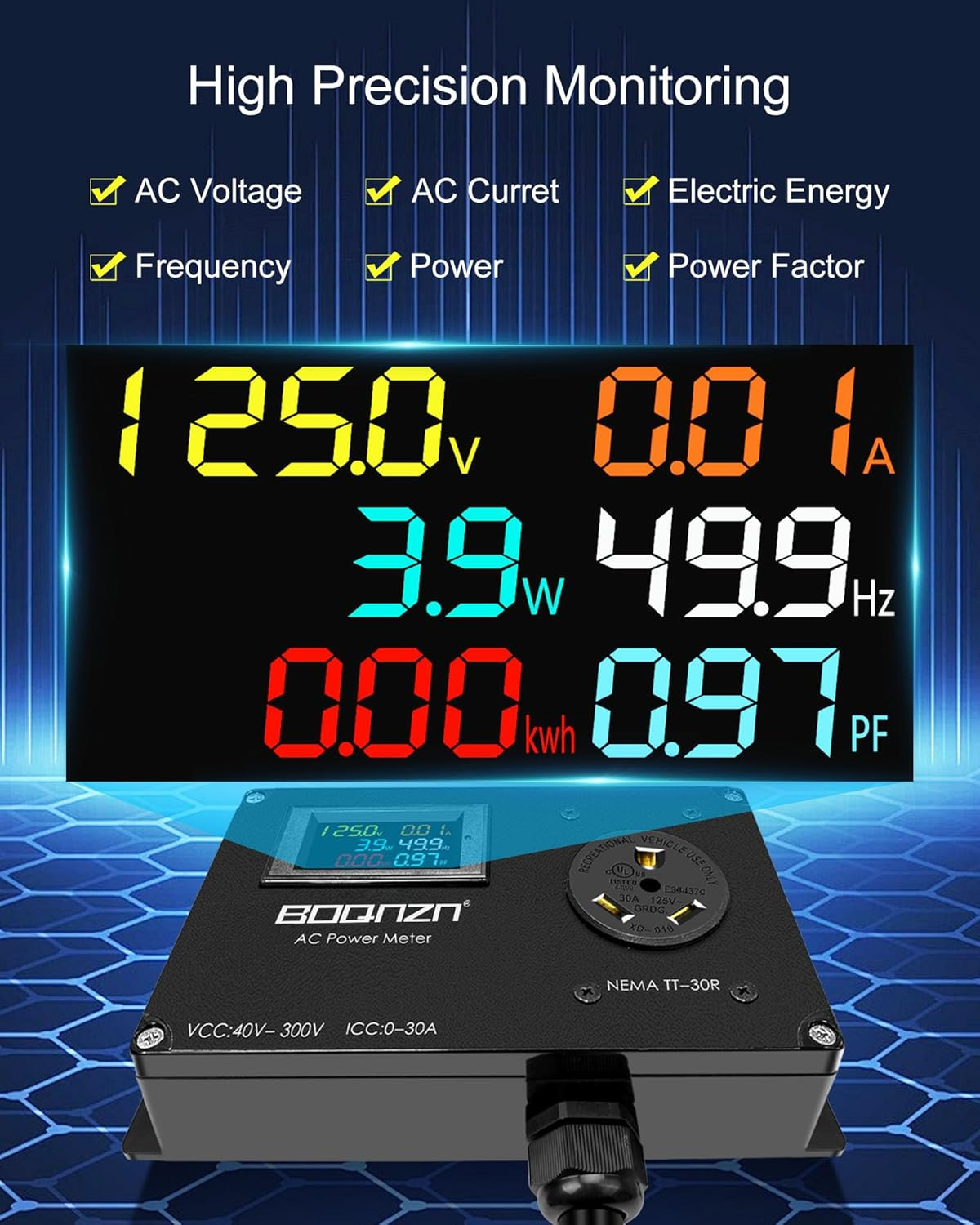 30A 125V AC Power Meter, NEMA TT-30P to TT-30R Outlet Monitor, Multifunction Ene