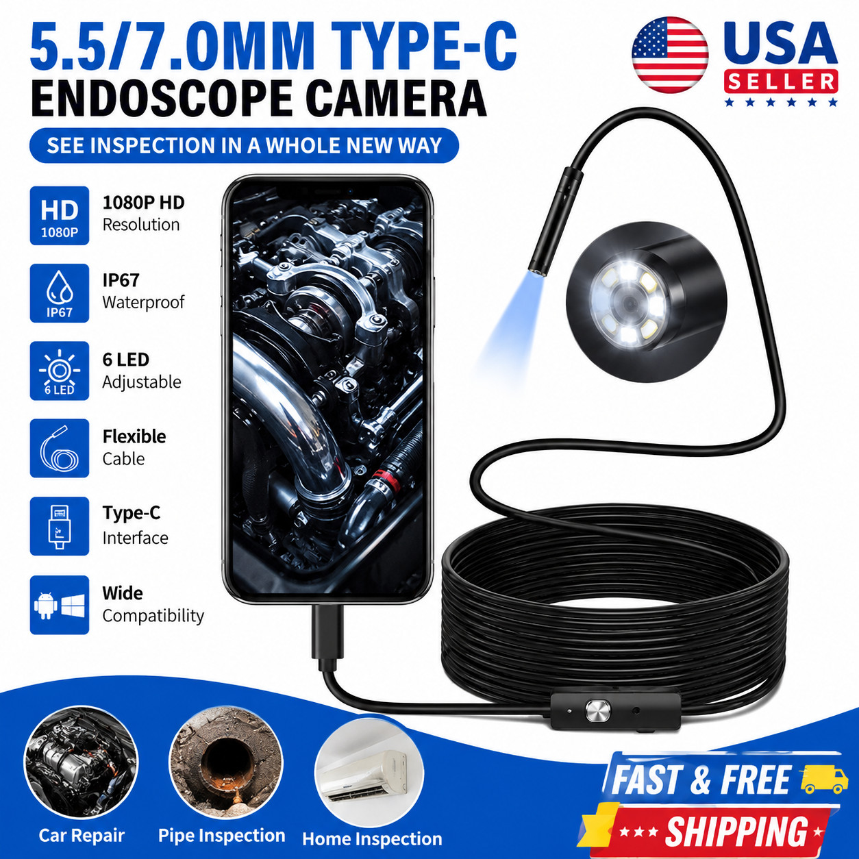 USB C Endoscope Camera 5.5/7mm 6 LED Borescope Inspection Camera for Android PC