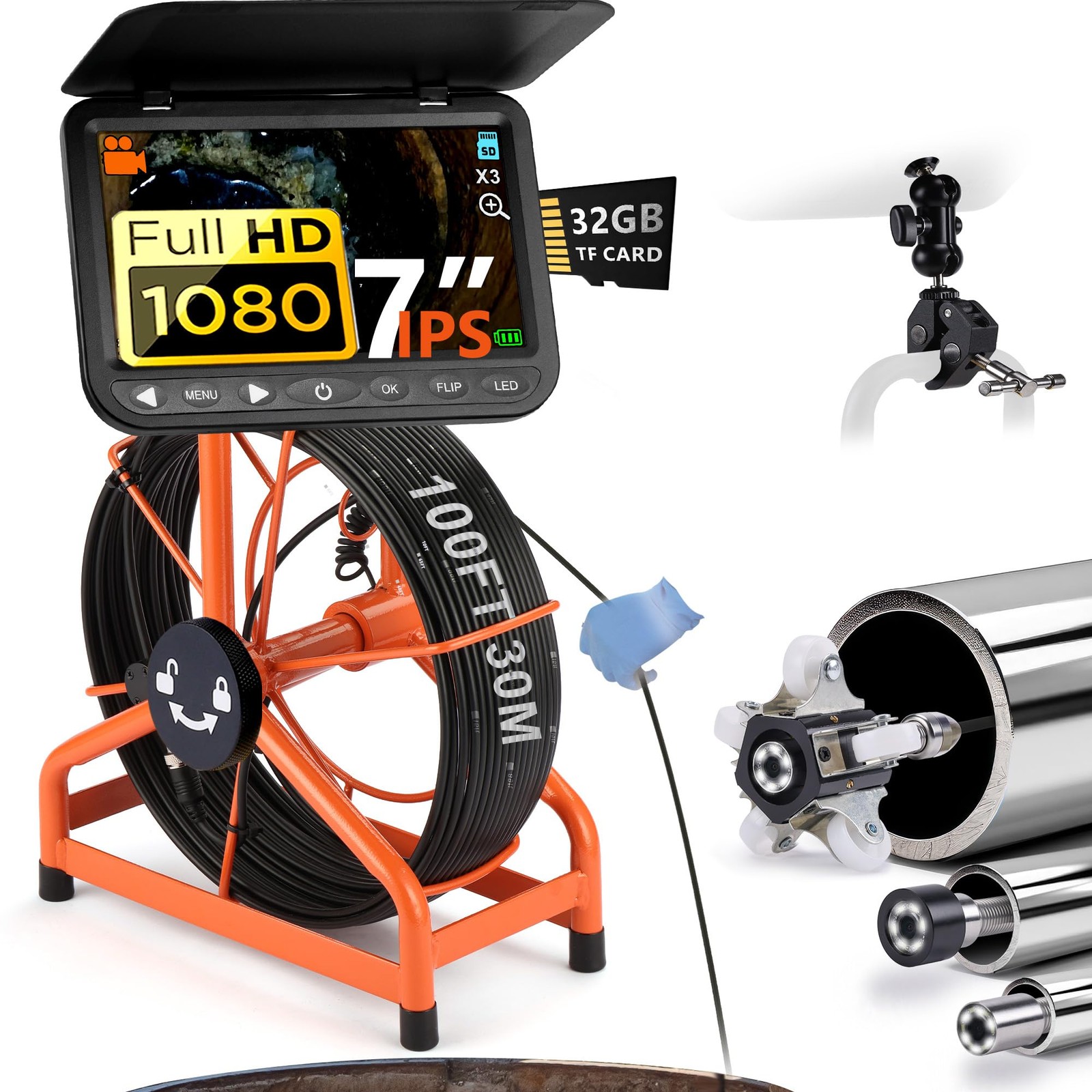 𝟐𝟎𝟐𝟔 𝐧𝐞𝐰 7” Sewer Camera, HD 1080P w/DVR-32GB, [New 1s Twist-to-Unlock