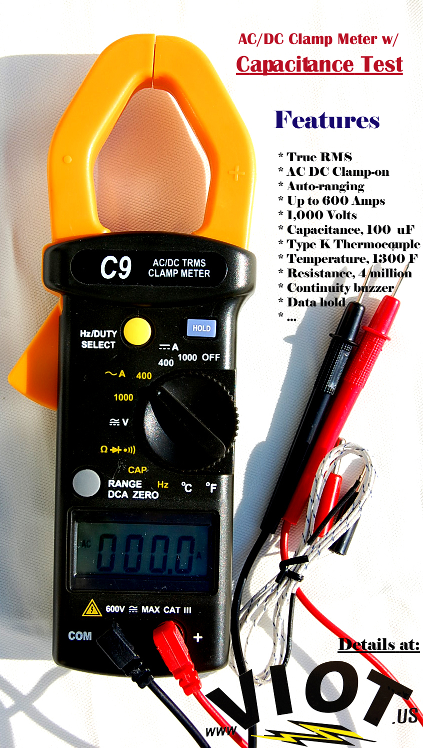 TRMS AC DC Clamp Meter Ammeter Digital Multimeter+Capacitor Tester HVAC Tool New