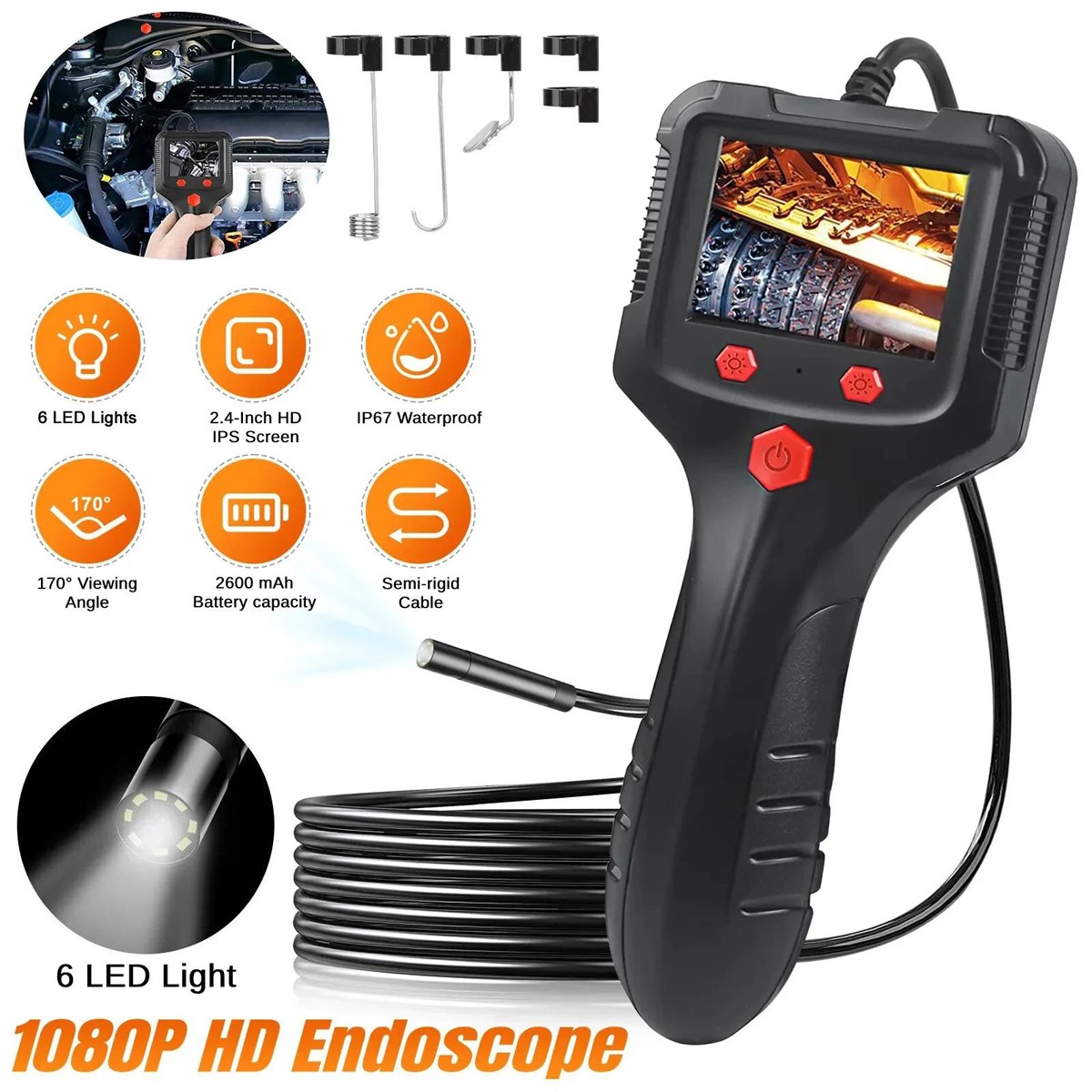 1080P HD LED Handheld Industrial Endoscope 8mm Borescope Snake Camera Inspection
