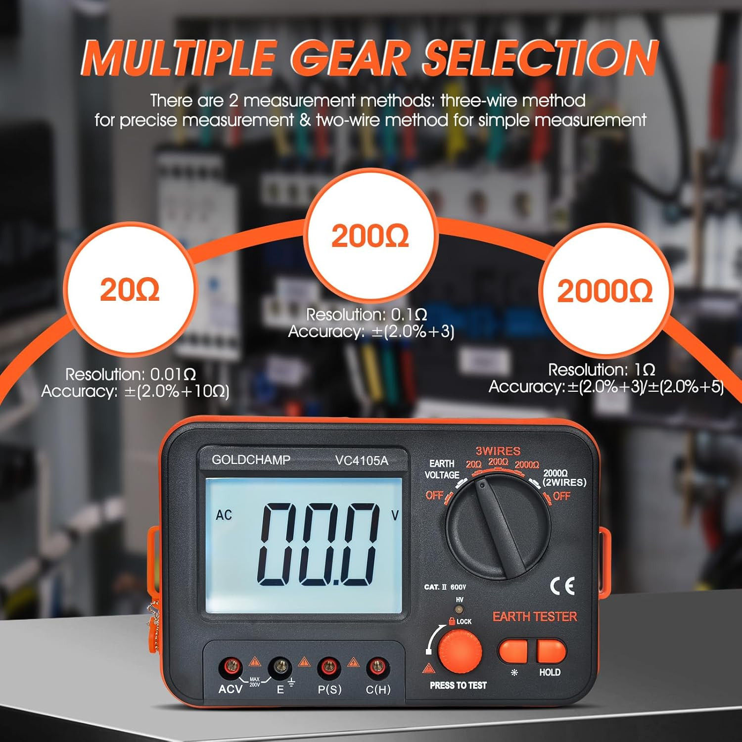 Professional Ground Earth Resistance Tester, 20/200/2000Ω Digital Meter with AC