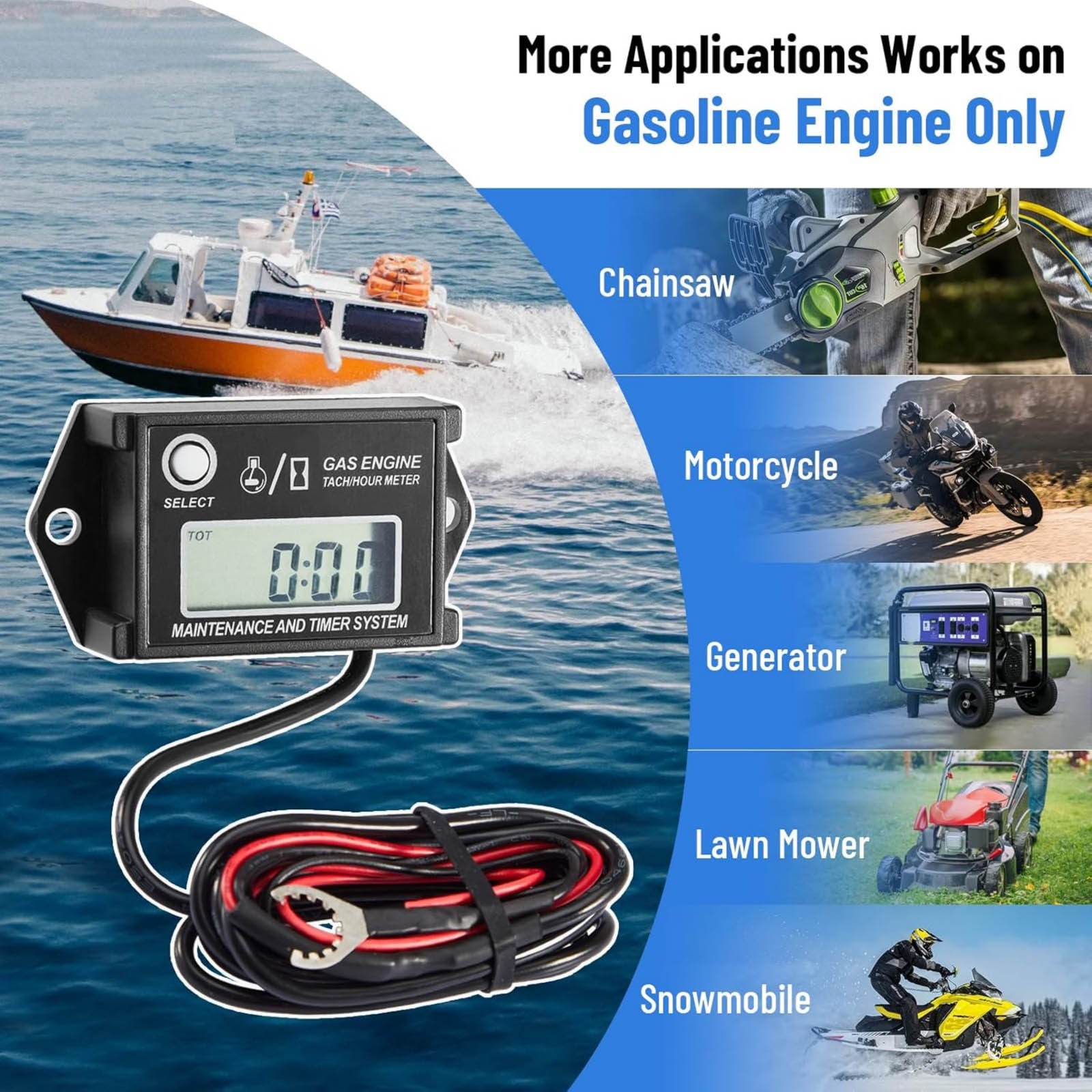 25000RPM Tachometer Hour Meter Waterproof For Gasoline Engine Spark Plug Wire