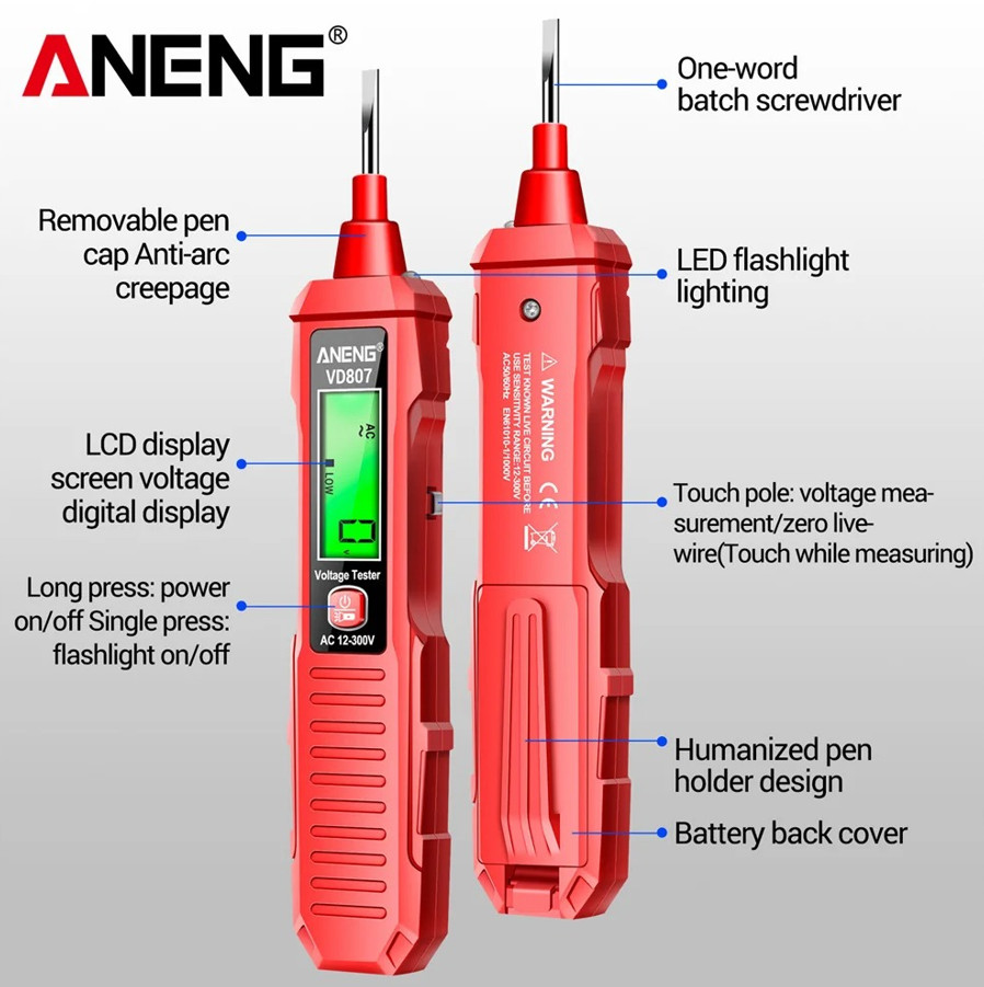 1pc ANENG VD807 Non-Contact Smart Electric Pen Tester AC 12–300V NCV Detector