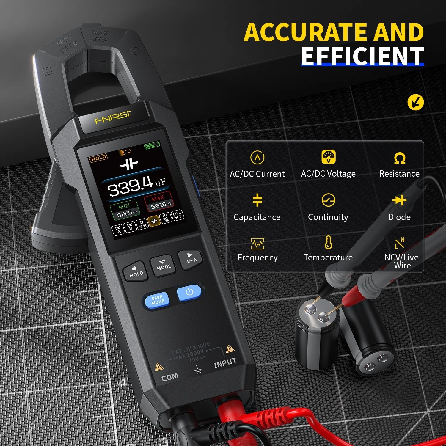 FNIRSI DMC-100 Clamp Meter 10000 Counts TRMS AC DC 600A Digital Multimeter USB