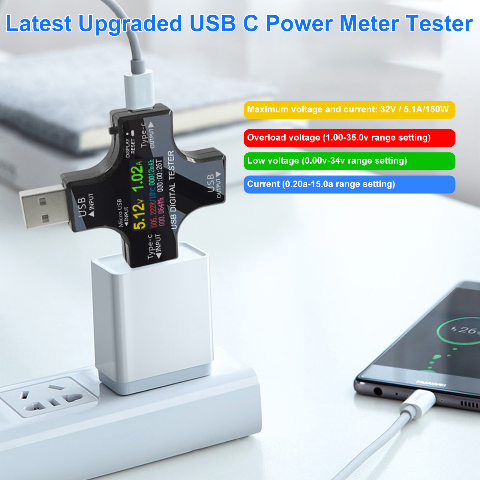 Type-C USB Digital Meter Tester Multimeter Current Voltage Power Monitor + Cable