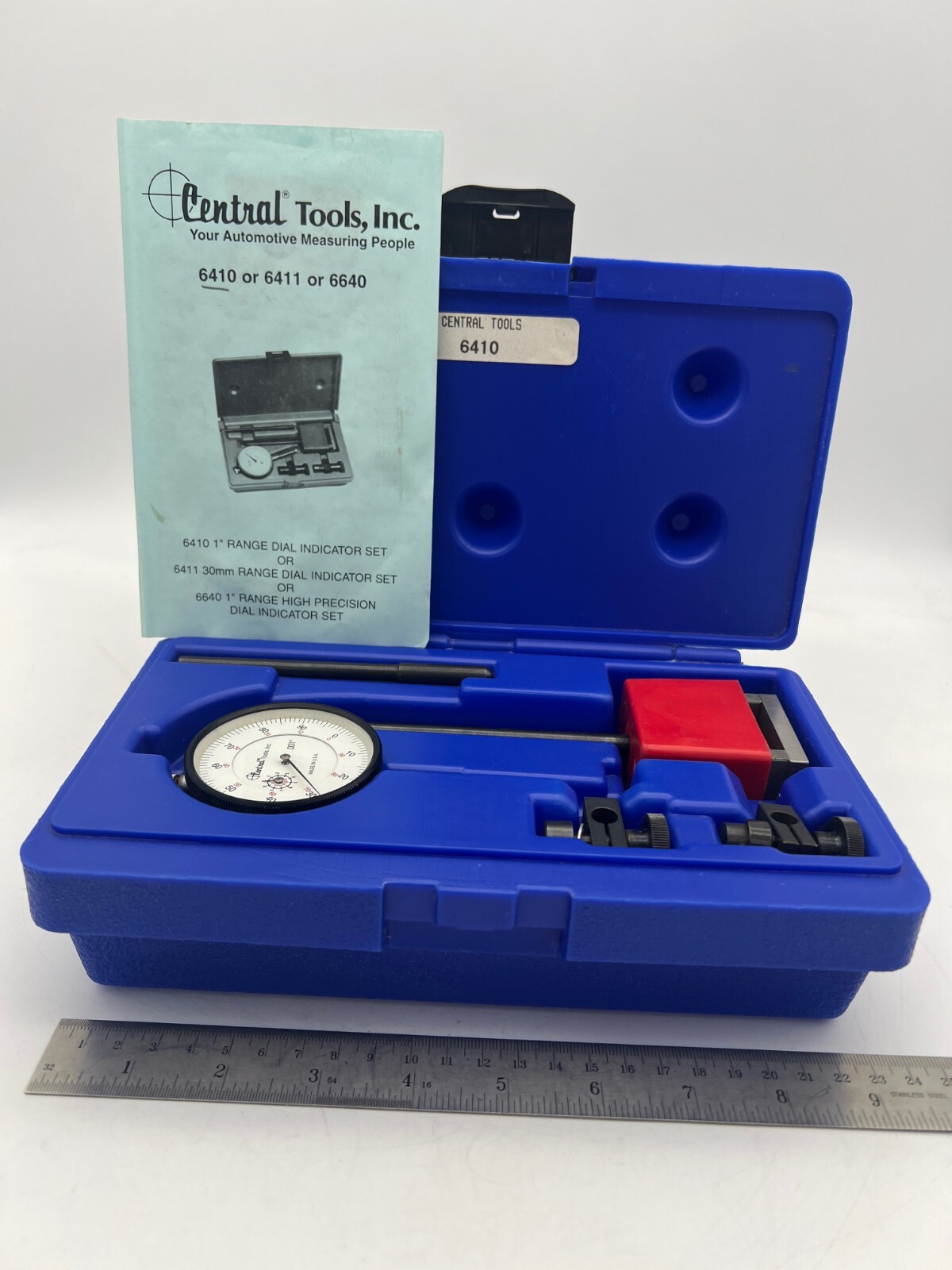 CENTRAL TOOLS 6410 1″ Range Dial Indicator Set Magnetic Base .001″ w/ Case USA