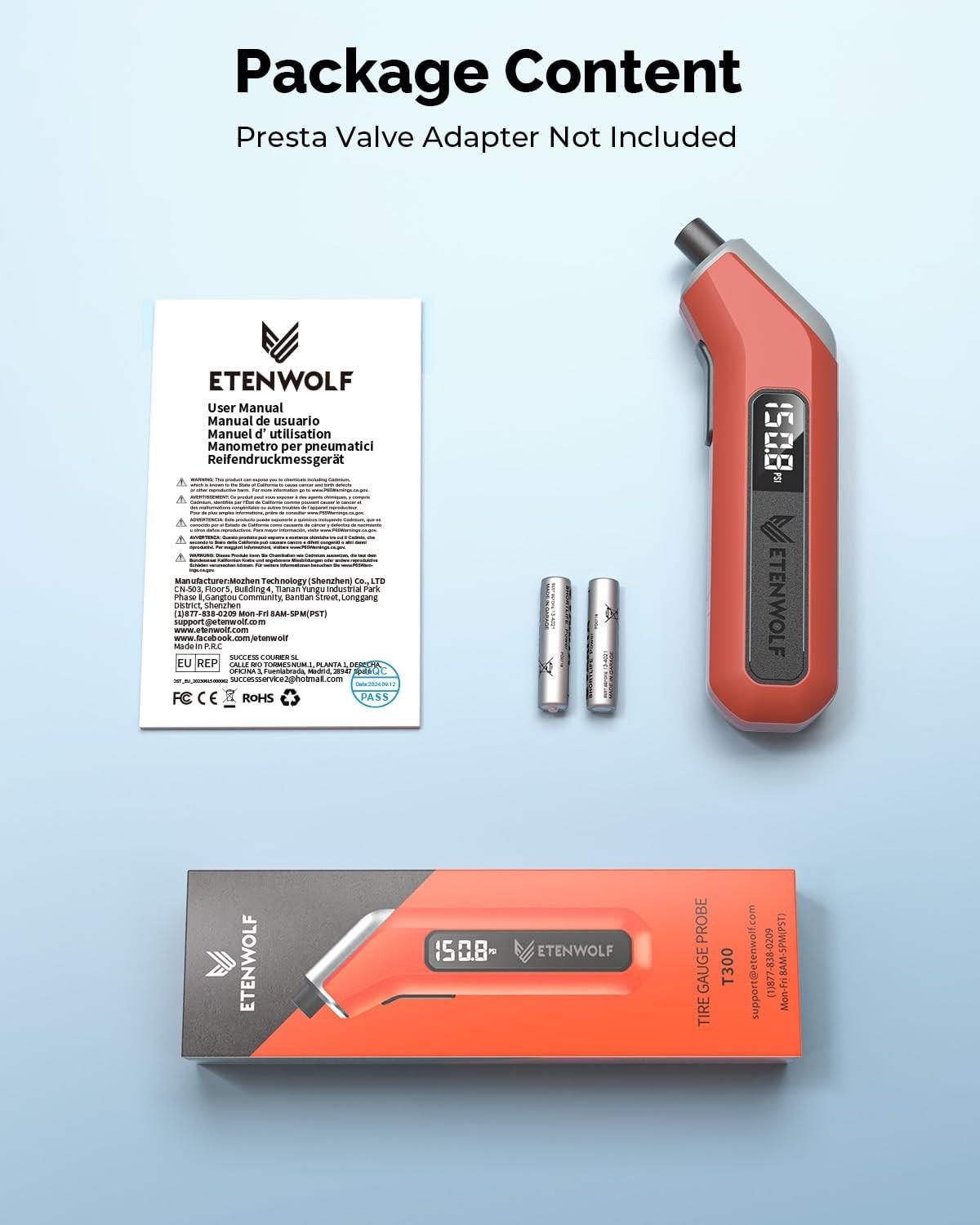 ETENWOLF T300 Digital Tire Pressure Gauge 3-200 PSI ANSI Calibrated Orange
