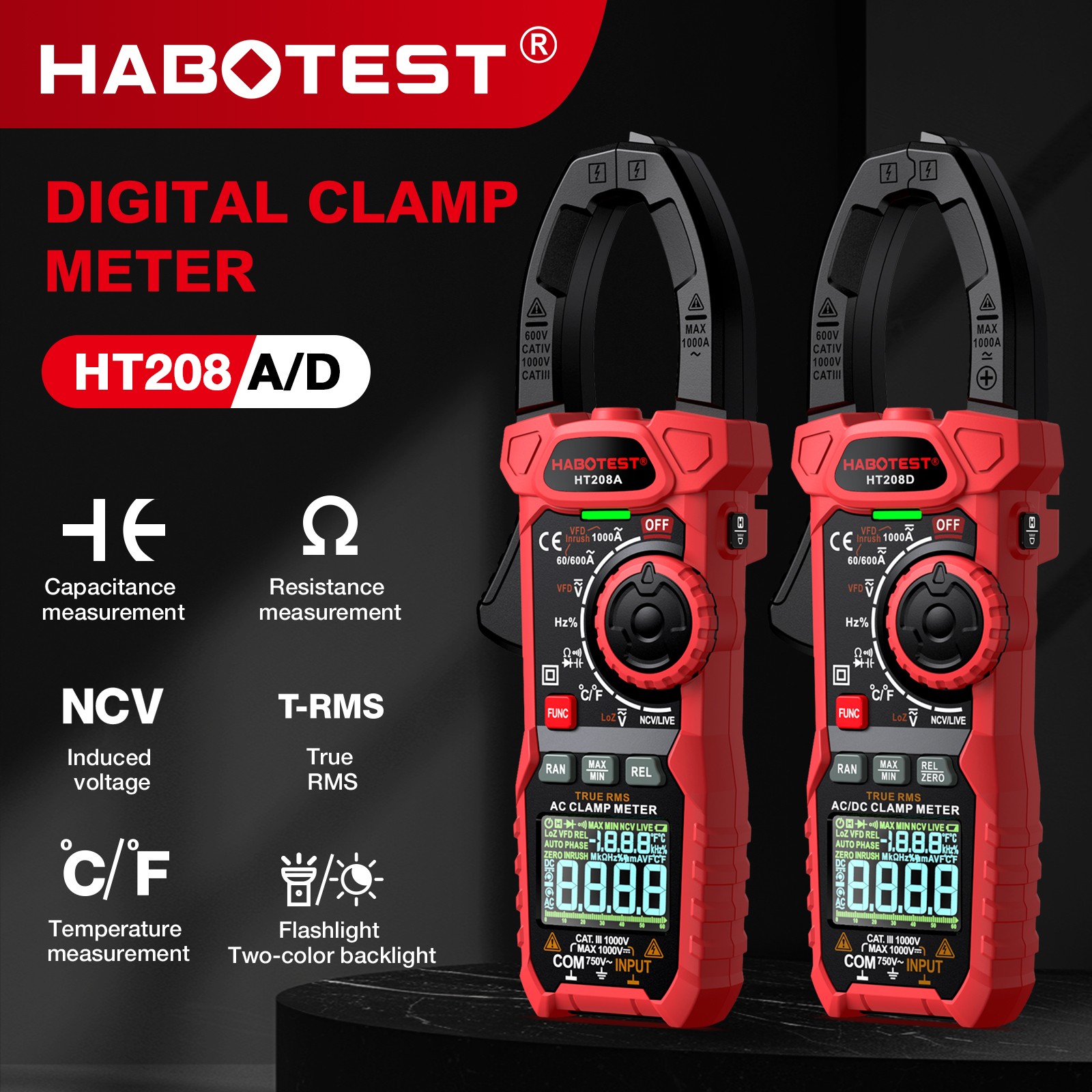HABOTEST HT208D Digital Clamp Multimeter Volt Am Ohm Tester True RMS Battery