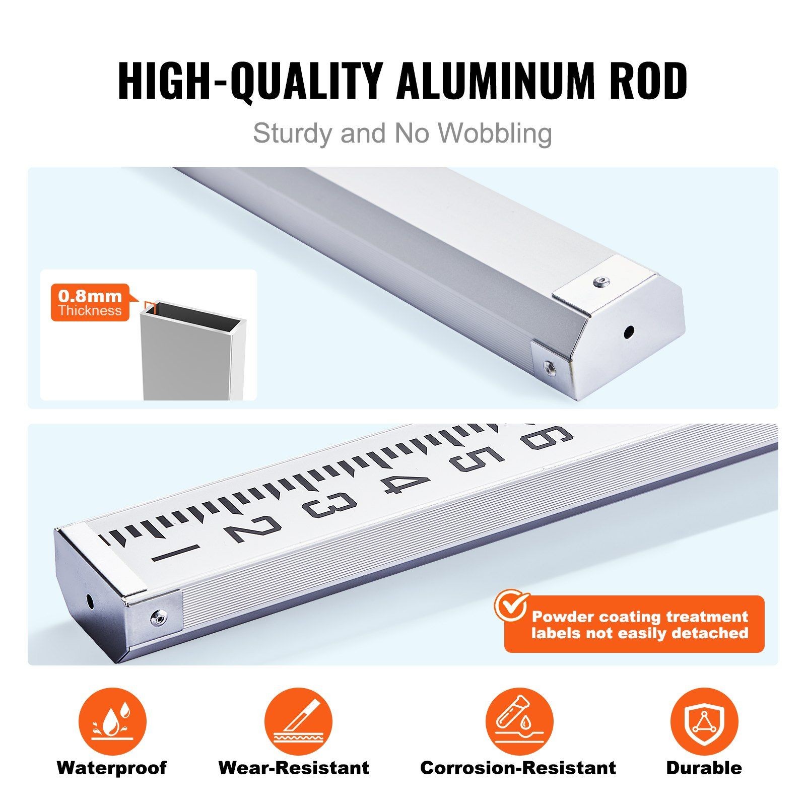 3-Section 9ft Aluminum Leveling Rod with 1/8in Scale & Bubble Level