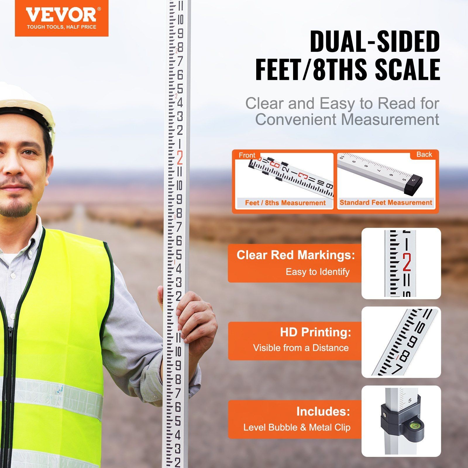 3-Section 9ft Aluminum Leveling Rod with 1/8in Scale & Bubble Level