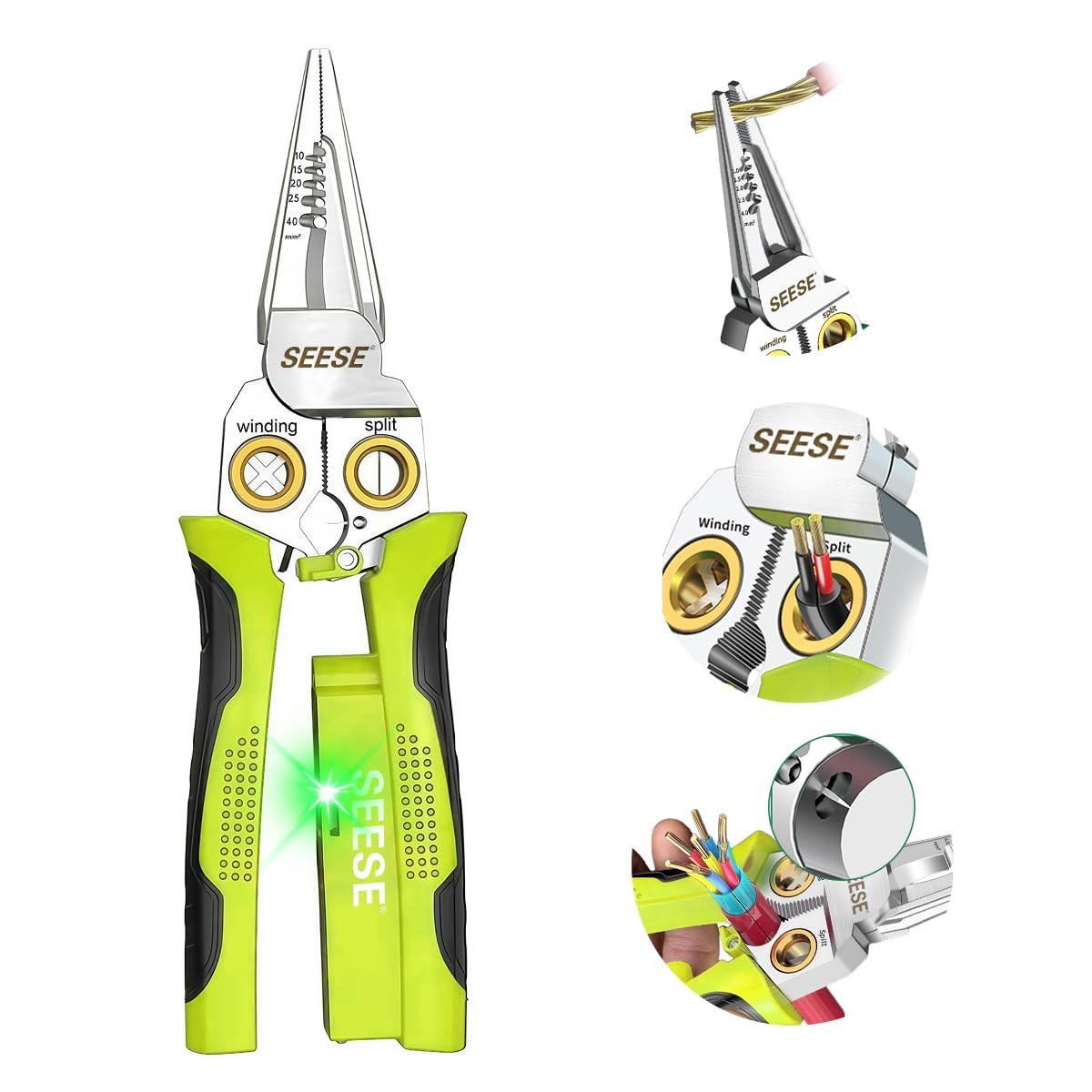 SEESE 8-in-1 Wire Stripper for Electrician: Needle Nose Pliers with Green