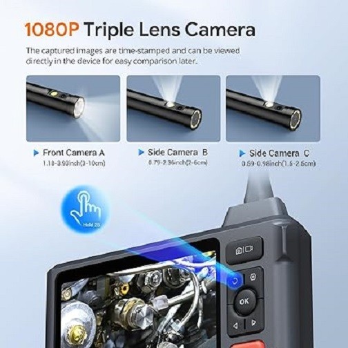 Triple Lens Endoscope Camera with Light with 50FT Semi-Rigid Cable, DEPSTECH 5″