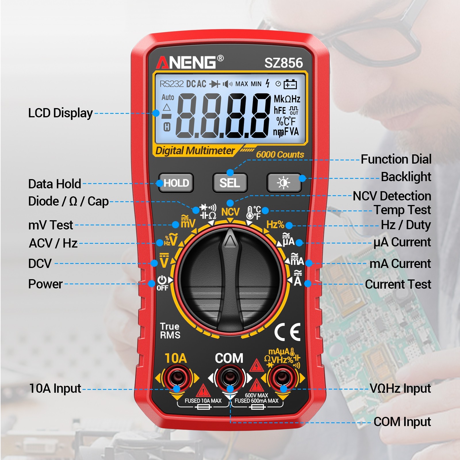 ANENG SZ856 True RMS Digital Multimeter 6000 Counts AC DC Voltage Amp Ohm Tester