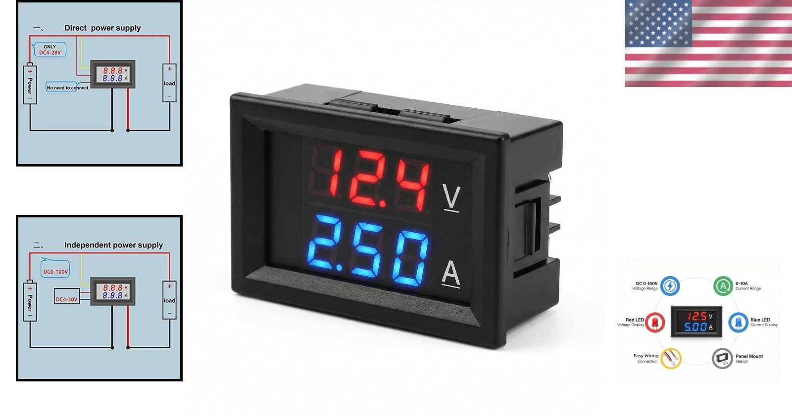 0.28″ LED Digital Voltmeter Ammeter, Dual-Color 0-100V 10A for Safe Monitoring