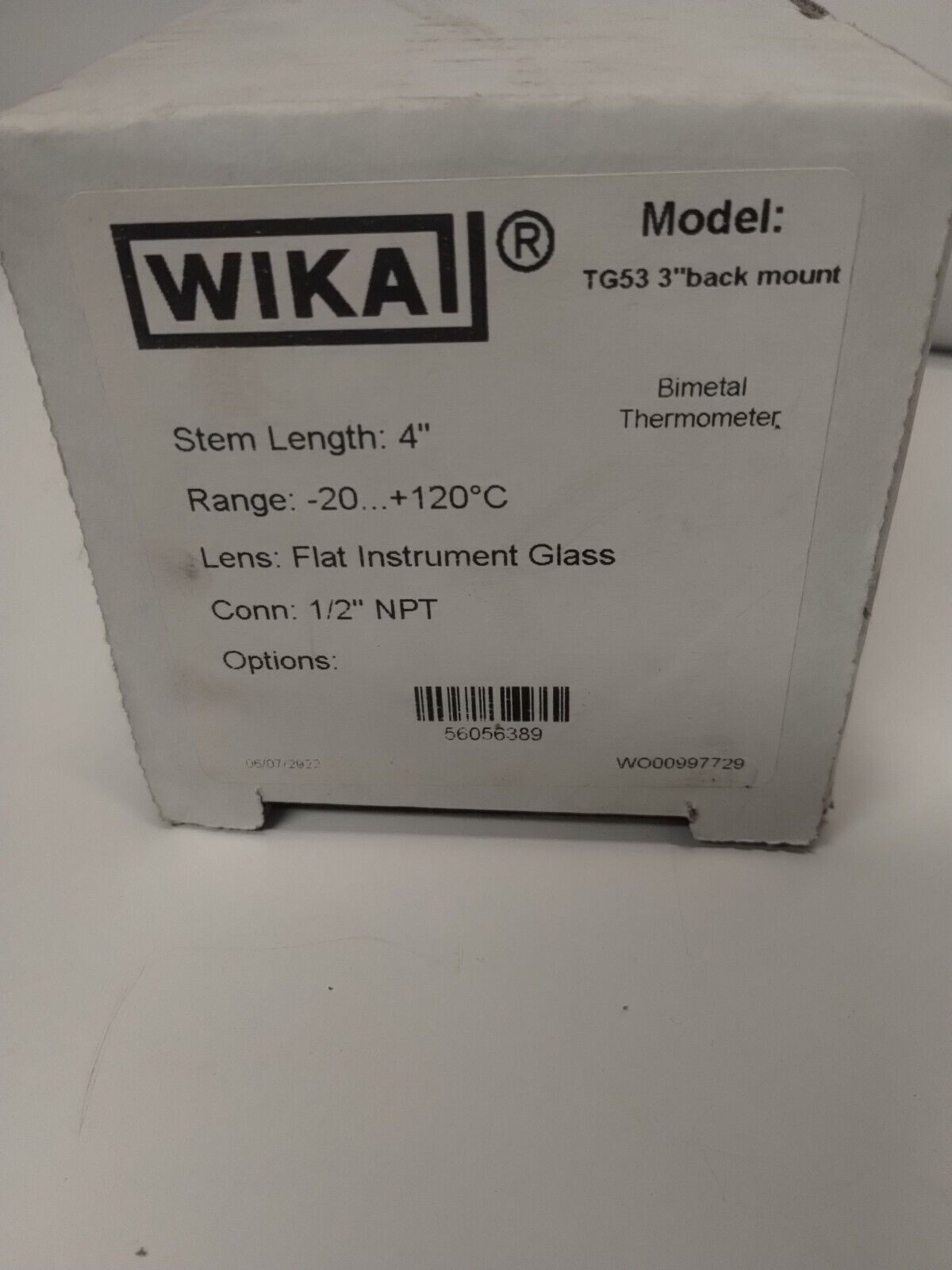 WIKA TG53 Thermometer -20…+120C, 4″ Stem, 3″ Face Back Mnt, 1/2″ NPT, 56056389