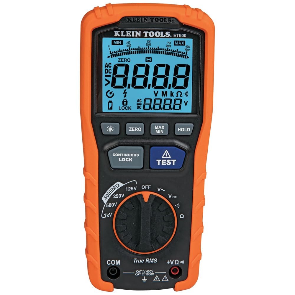 Klein Tools ET600 Multimeter, Megohmmeter 90 cubic inches, Orange/Black
