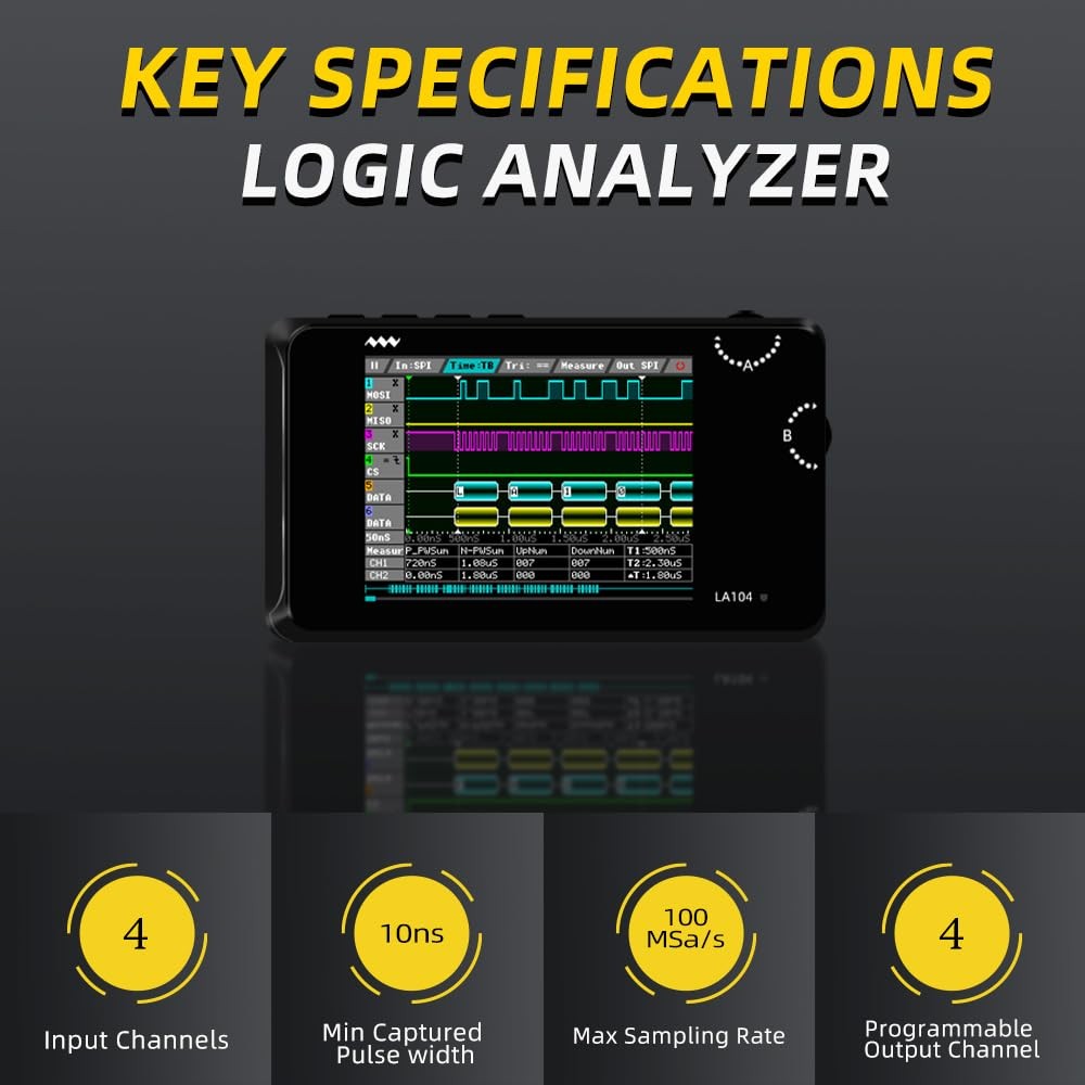 Pocket Logic Analyzer LA104, Portable Mini Size Handheld, Built-in Rechargeab…