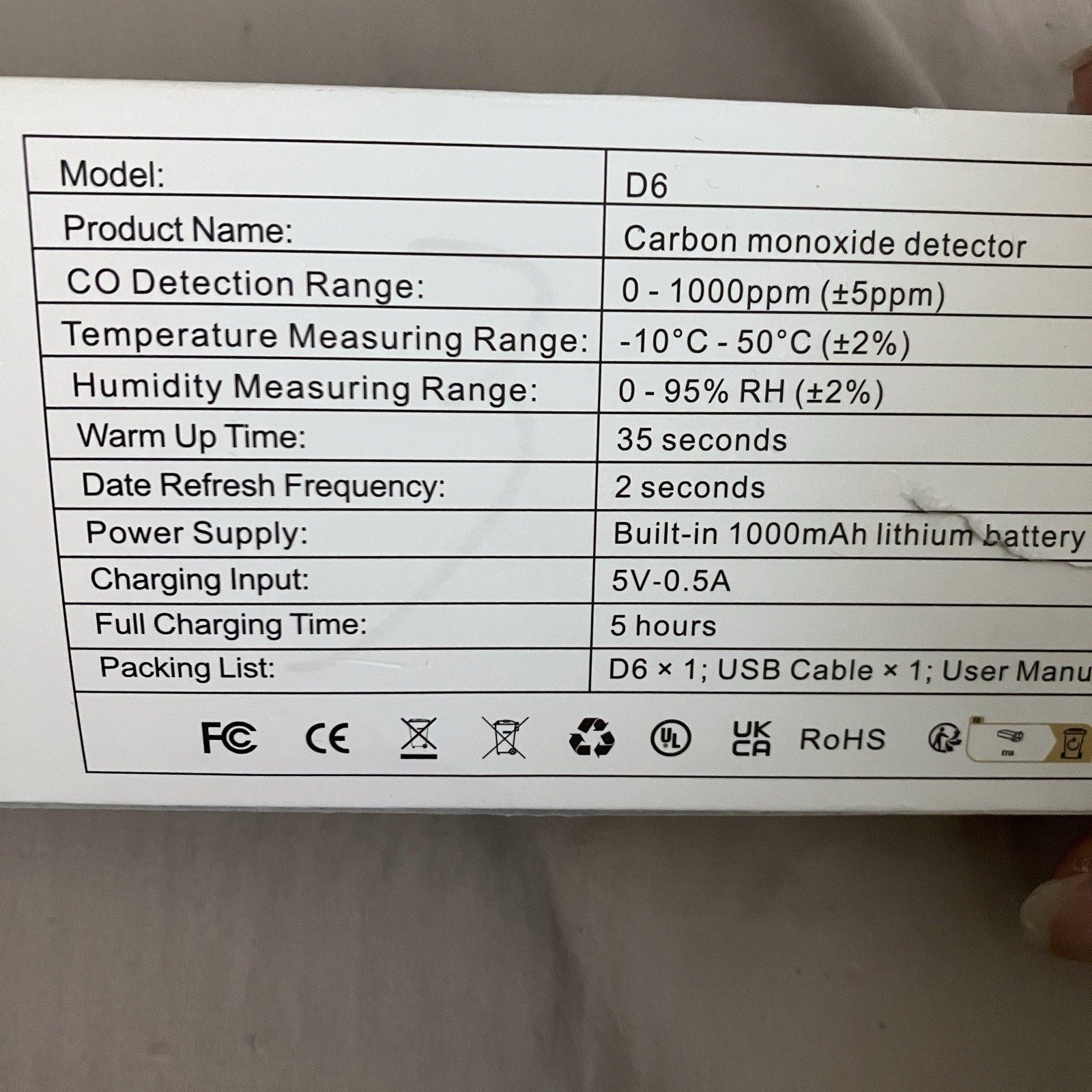 HAKINAKU D6 Portable Carbon Monoxide Detector, Orange, 0-1000ppm, 1000mAh